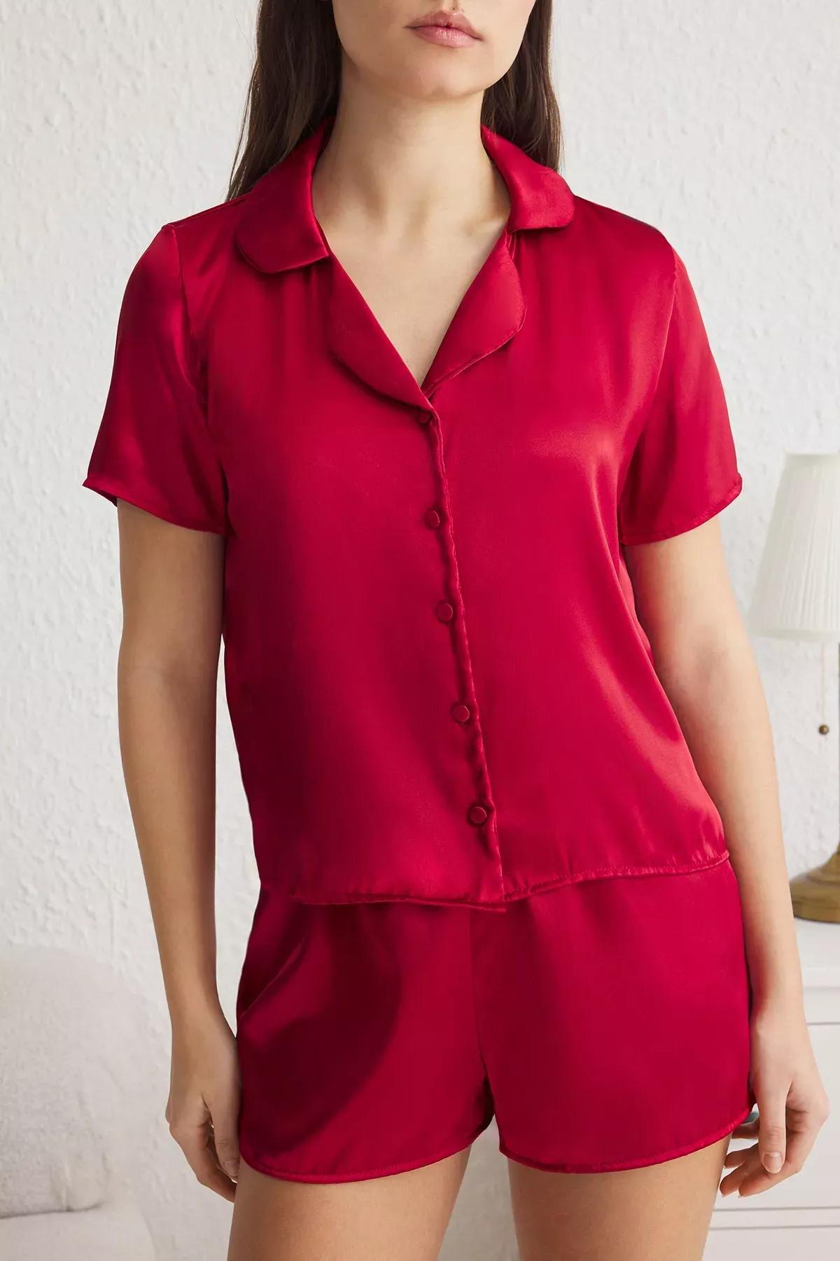Burgundy Satin Shorts Woven Pajama Set, , large image number 2