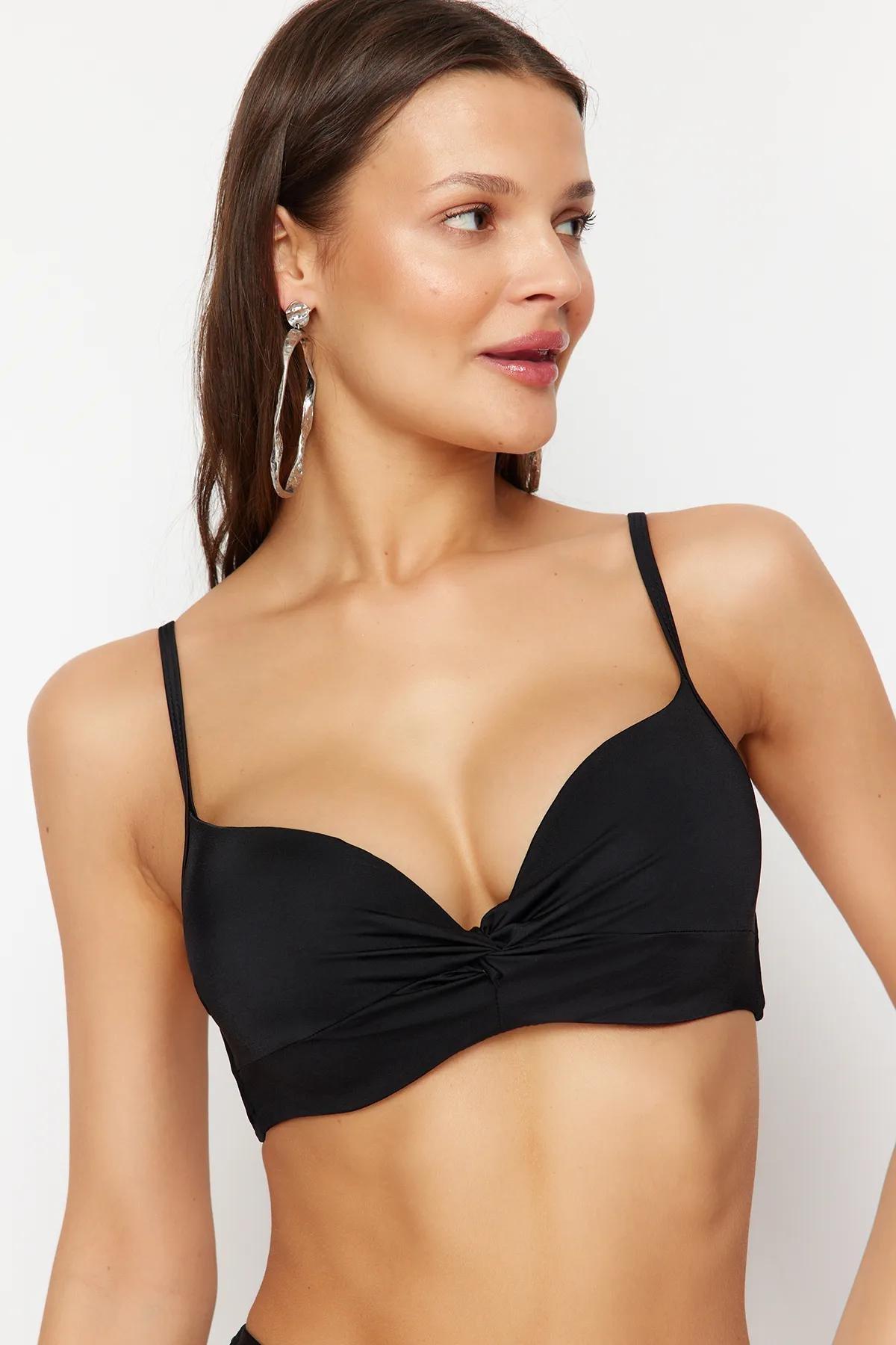 Black Balconette Gathered Push Up Bikini Top TBESS24BU00148, single, , large image number 3