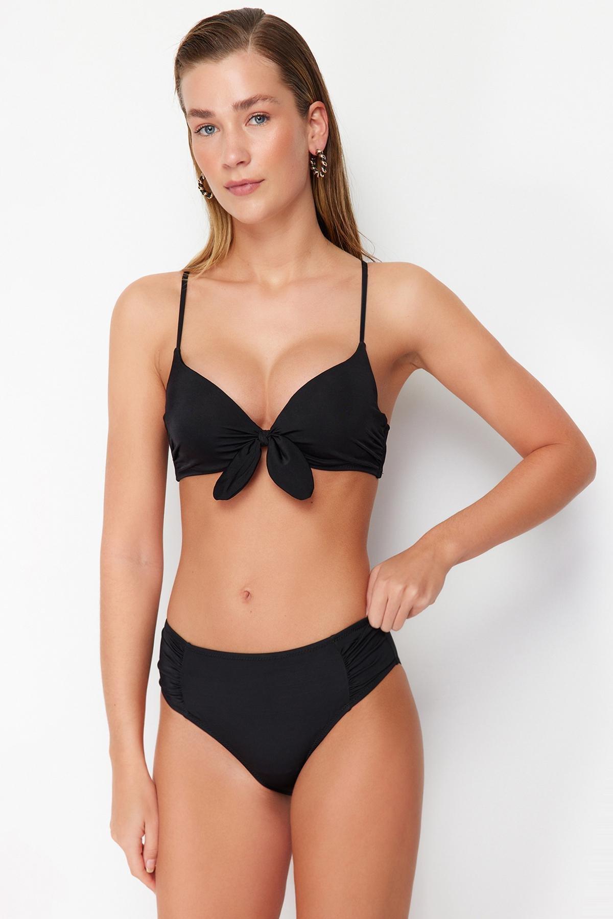 Black Draped High Waist Hipster Bikini Bottom TBESS24BA00139, single, , large image number 1