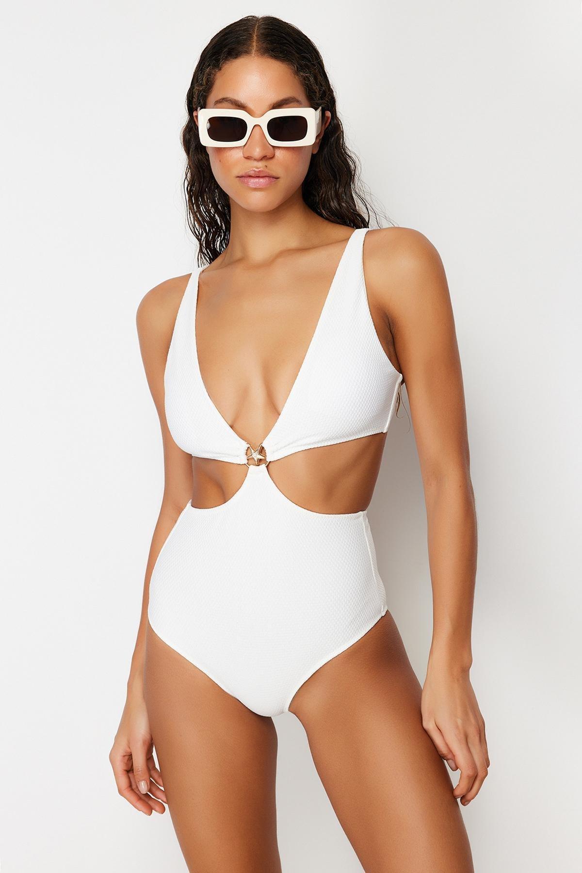 Ecru V-Neck Premium Accessories Regular Swimsuit TBESS24MY00011, single, , large image number 0