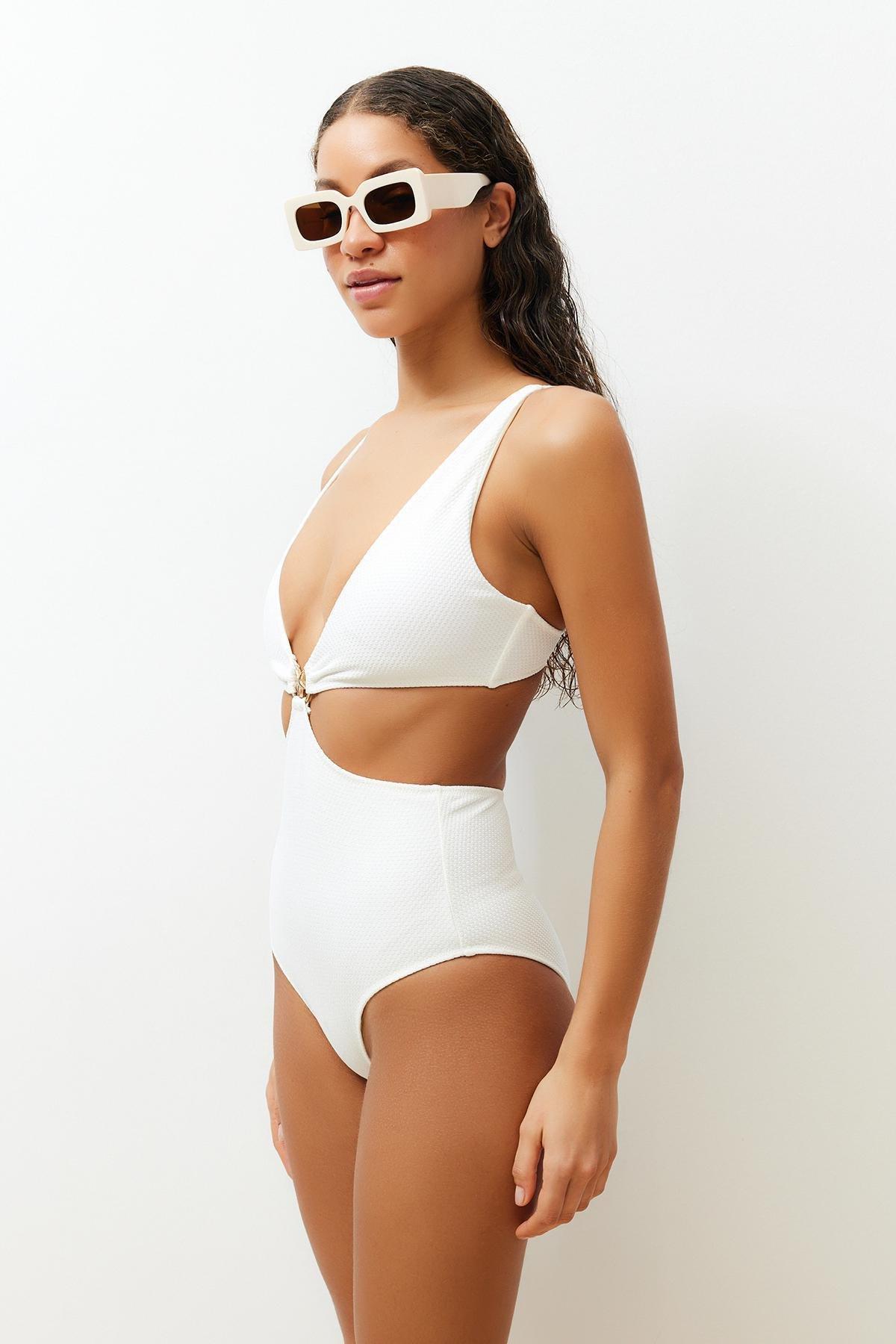 Ecru V-Neck Premium Accessories Regular Swimsuit TBESS24MY00011, single, , large image number 1