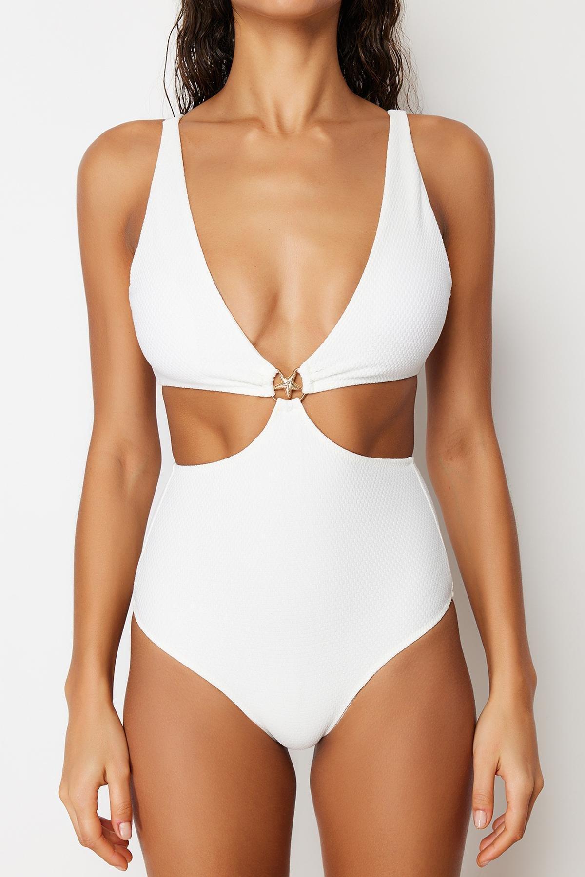 Ecru V-Neck Premium Accessories Regular Swimsuit TBESS24MY00011, single, , large image number 2