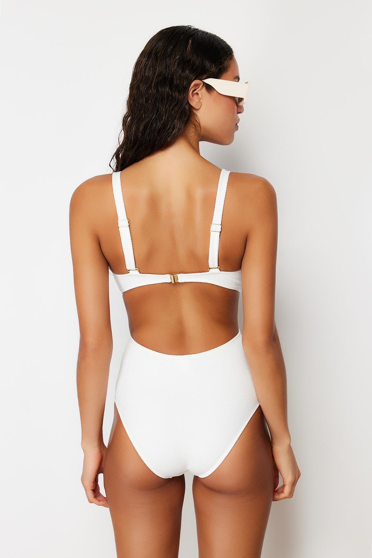 Ecru V-Neck Premium Accessories Regular Swimsuit TBESS24MY00011, single, , large image number 3