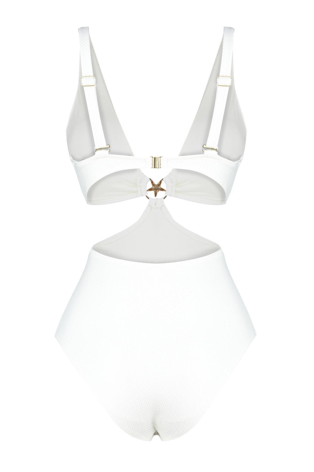 Ecru V-Neck Premium Accessories Regular Swimsuit TBESS24MY00011, single, , large image number 4