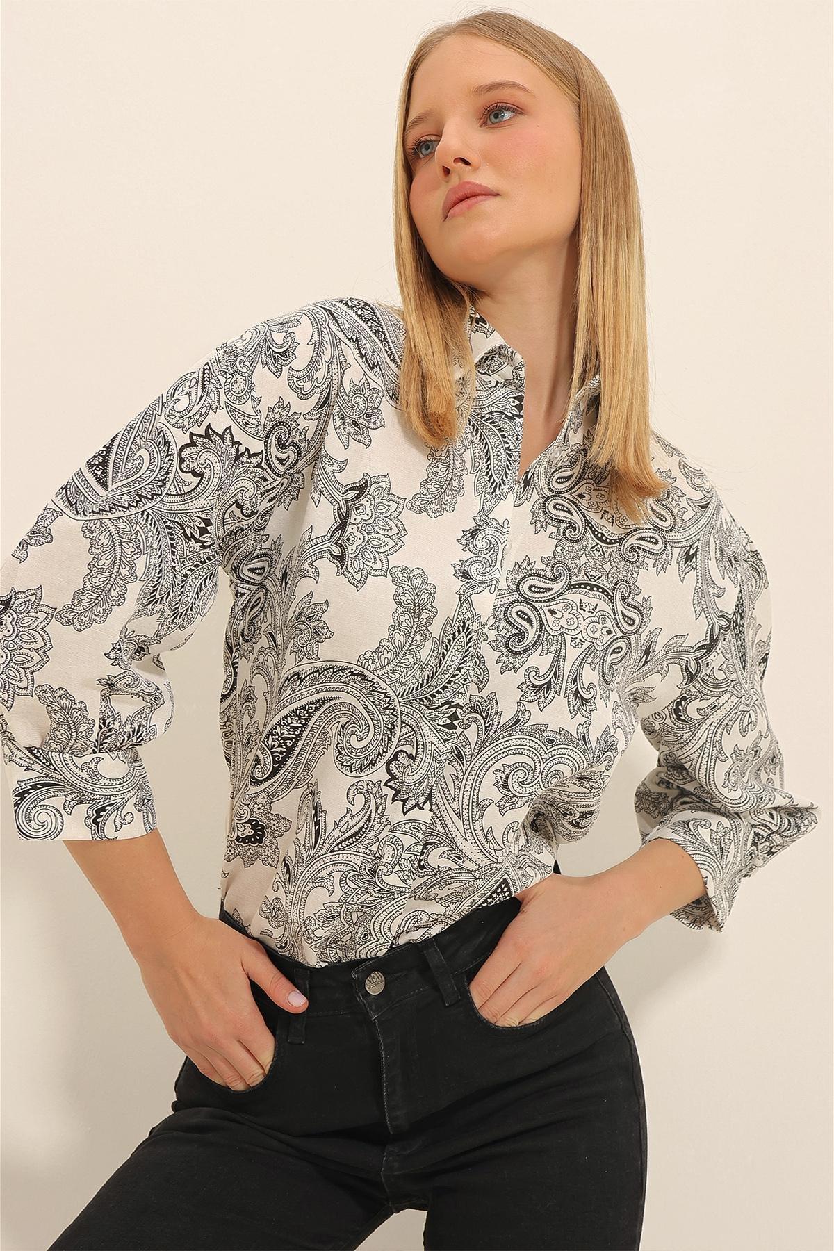 Multicolour Patterned Balloon Sleeve Shirt, CREAM-BLACK, large image number 1