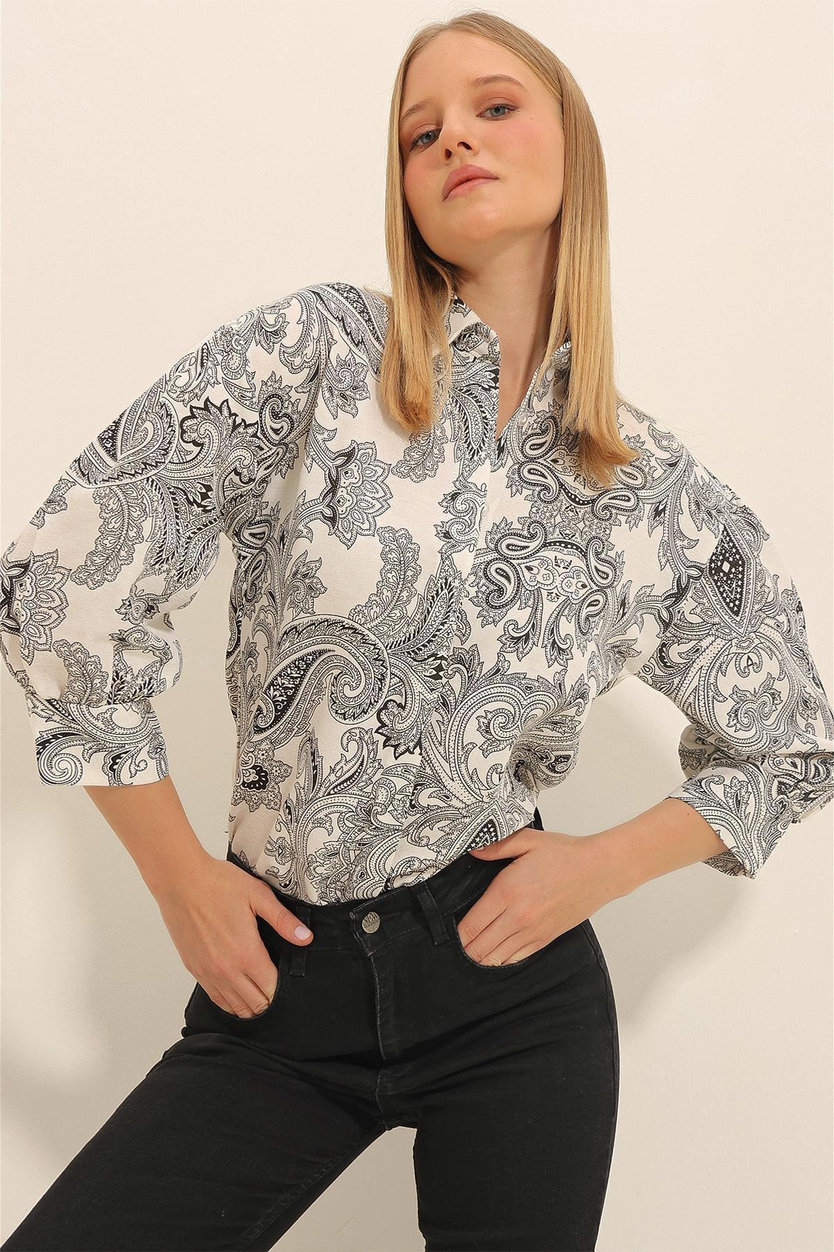 Multicolour Patterned Balloon Sleeve Shirt, CREAM-BLACK, large image number 2