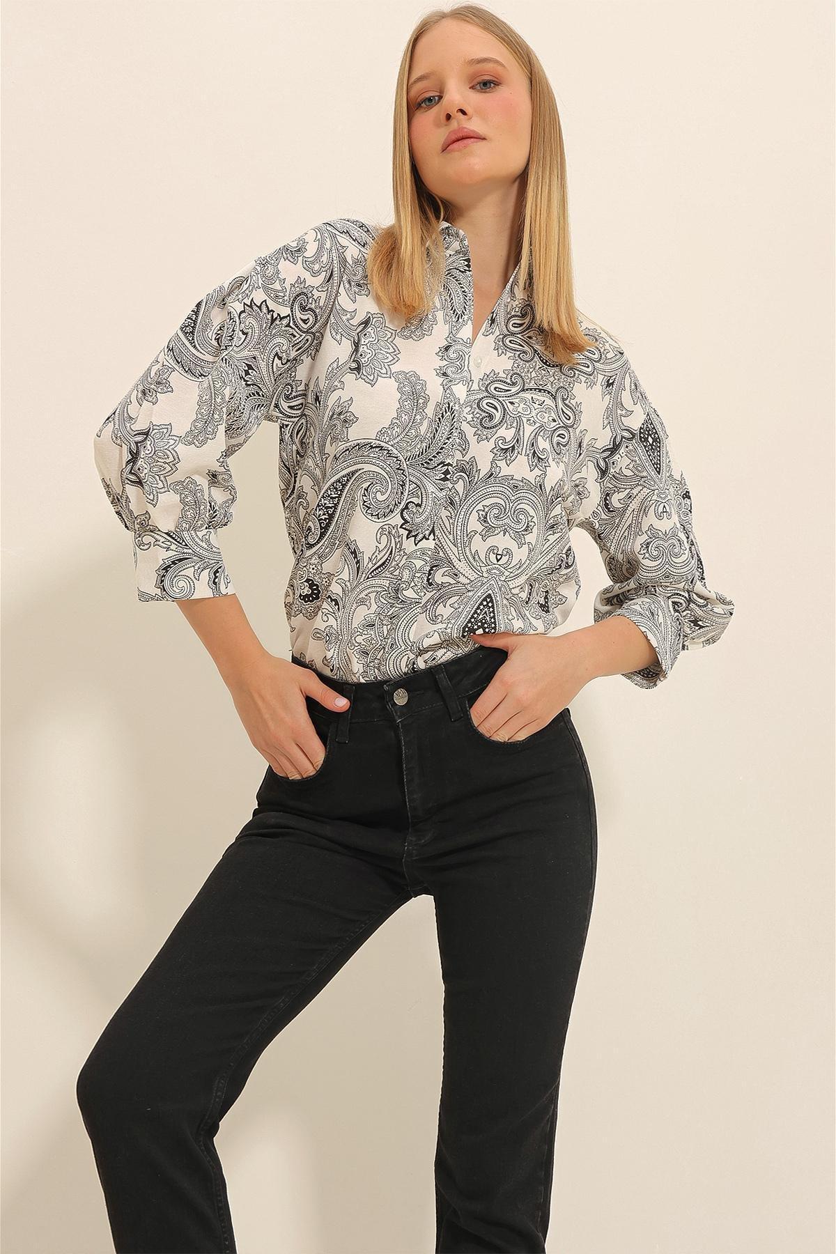 Multicolour Patterned Balloon Sleeve Shirt, CREAM-BLACK, large image number 3