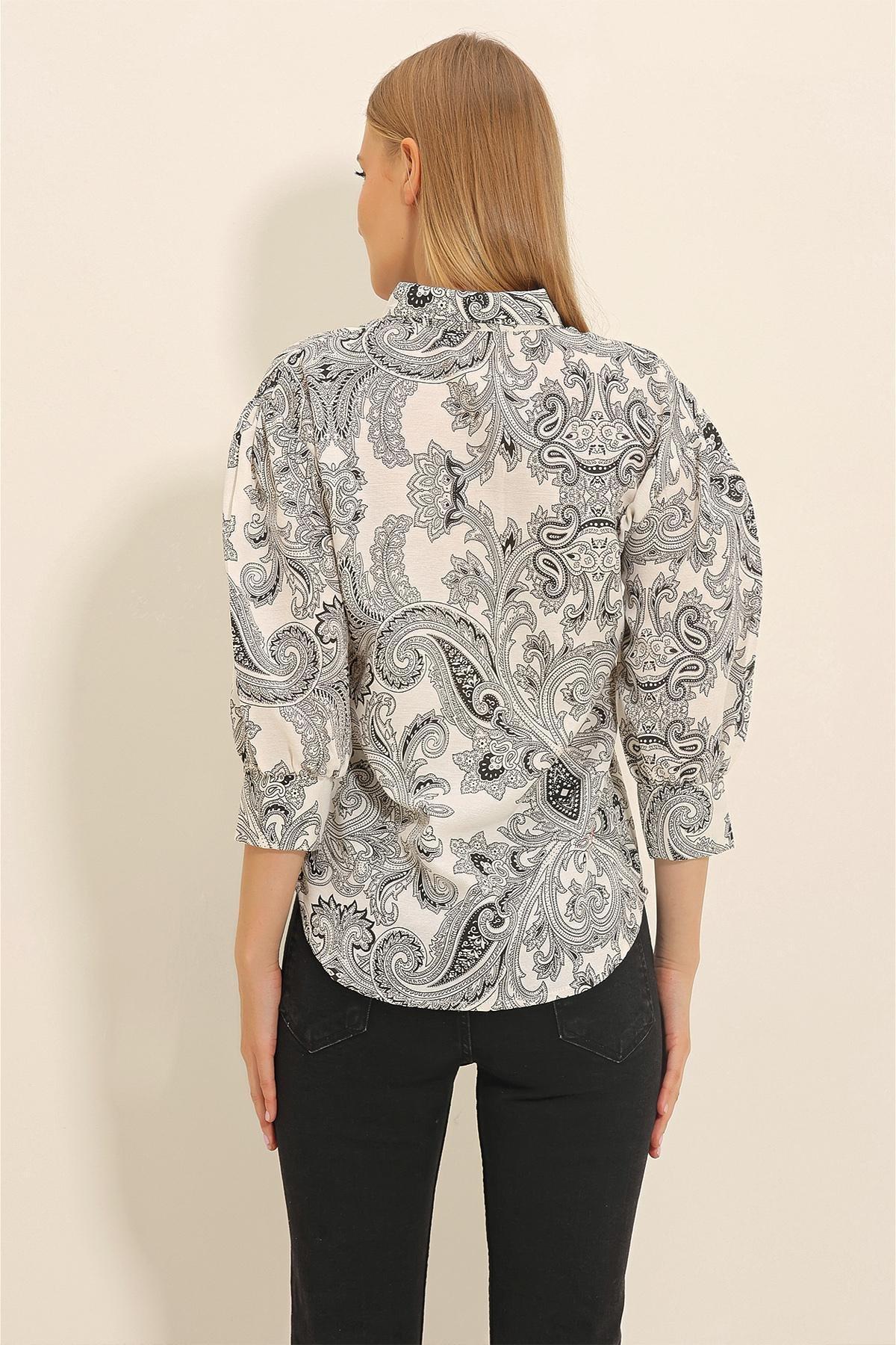 Multicolour Patterned Balloon Sleeve Shirt, CREAM-BLACK, large image number 4
