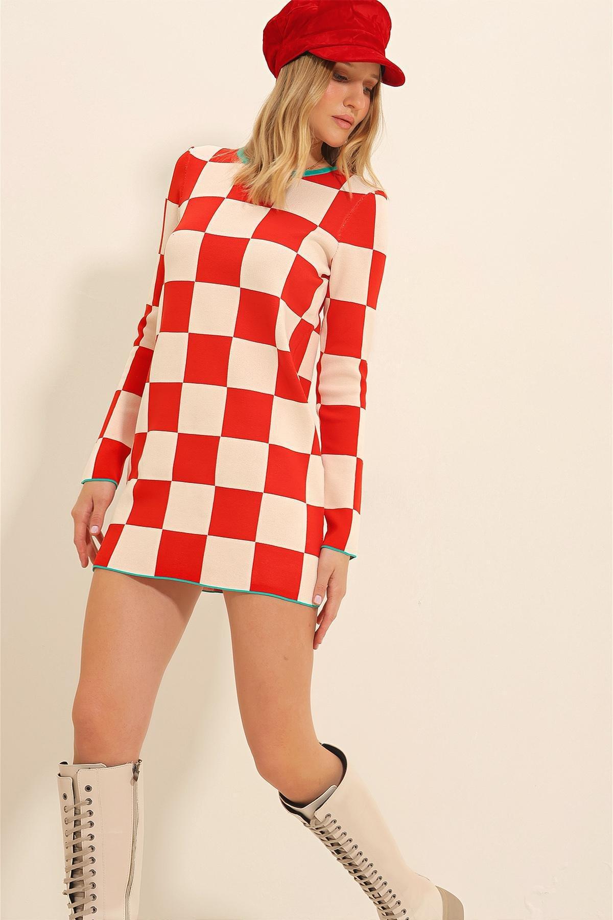 Womens Vanilla-Red Crew Neck Square Patterned Knitwear Dress ALC-X11336, single, C101_4839, large image number 0