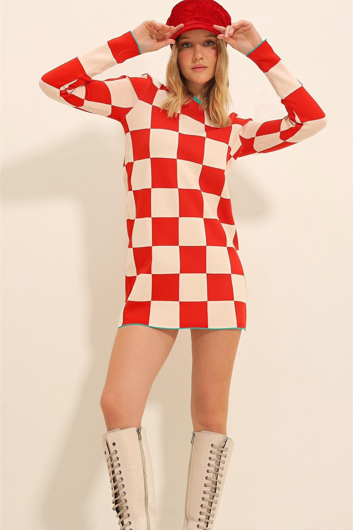 Womens Vanilla-Red Crew Neck Square Patterned Knitwear Dress ALC-X11336, single, C101_4839, large image number 1
