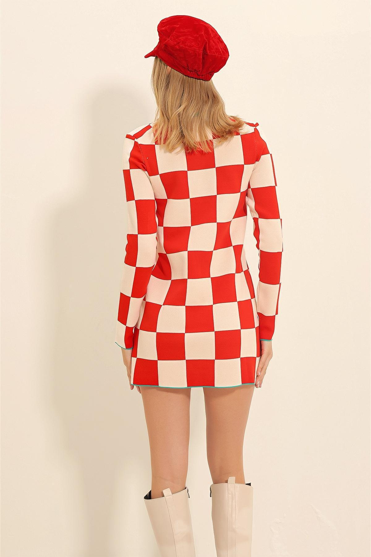 Womens Vanilla-Red Crew Neck Square Patterned Knitwear Dress ALC-X11336, single, C101_4839, large image number 4