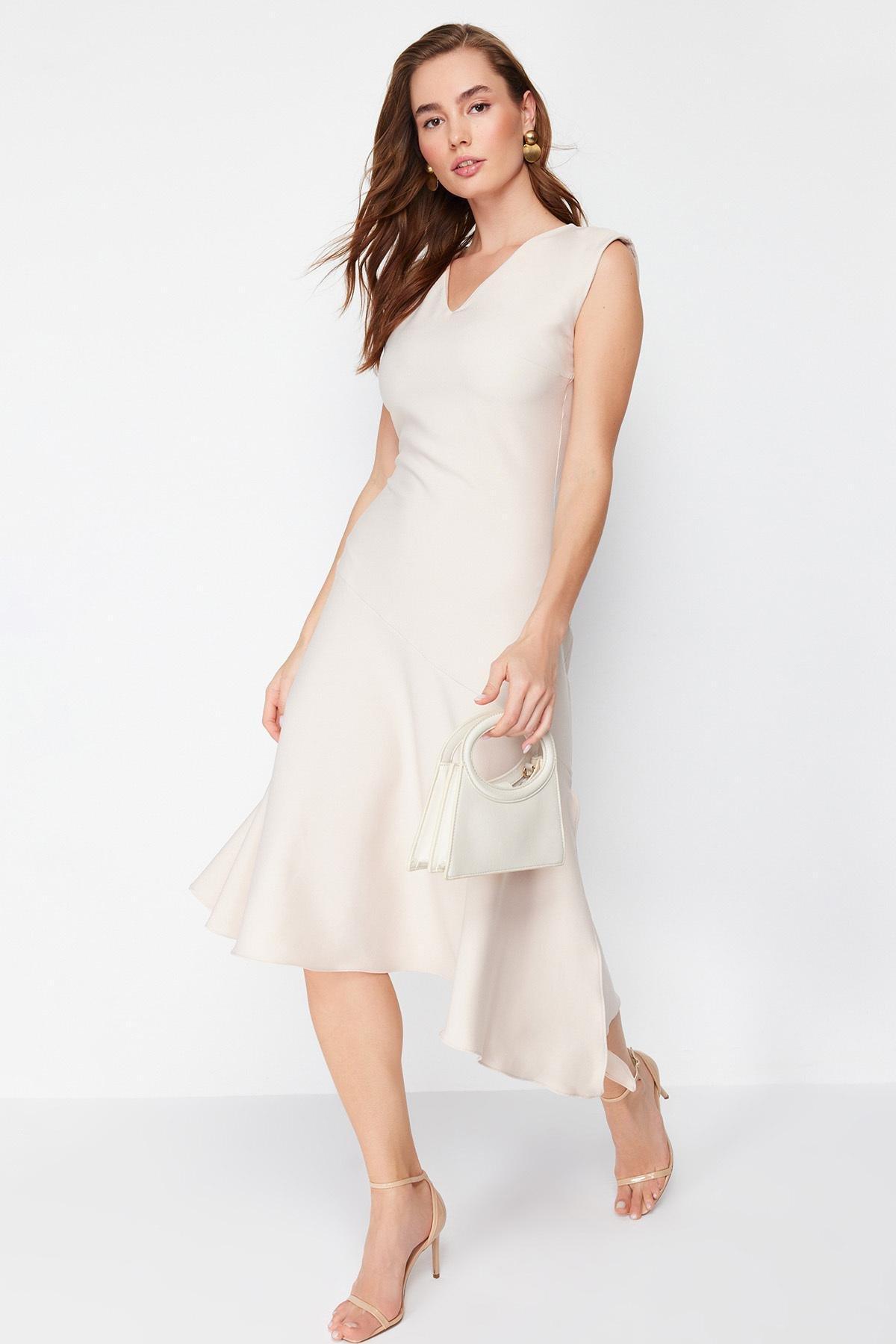Beige Asymmetric Midi Dress, , large image number 0