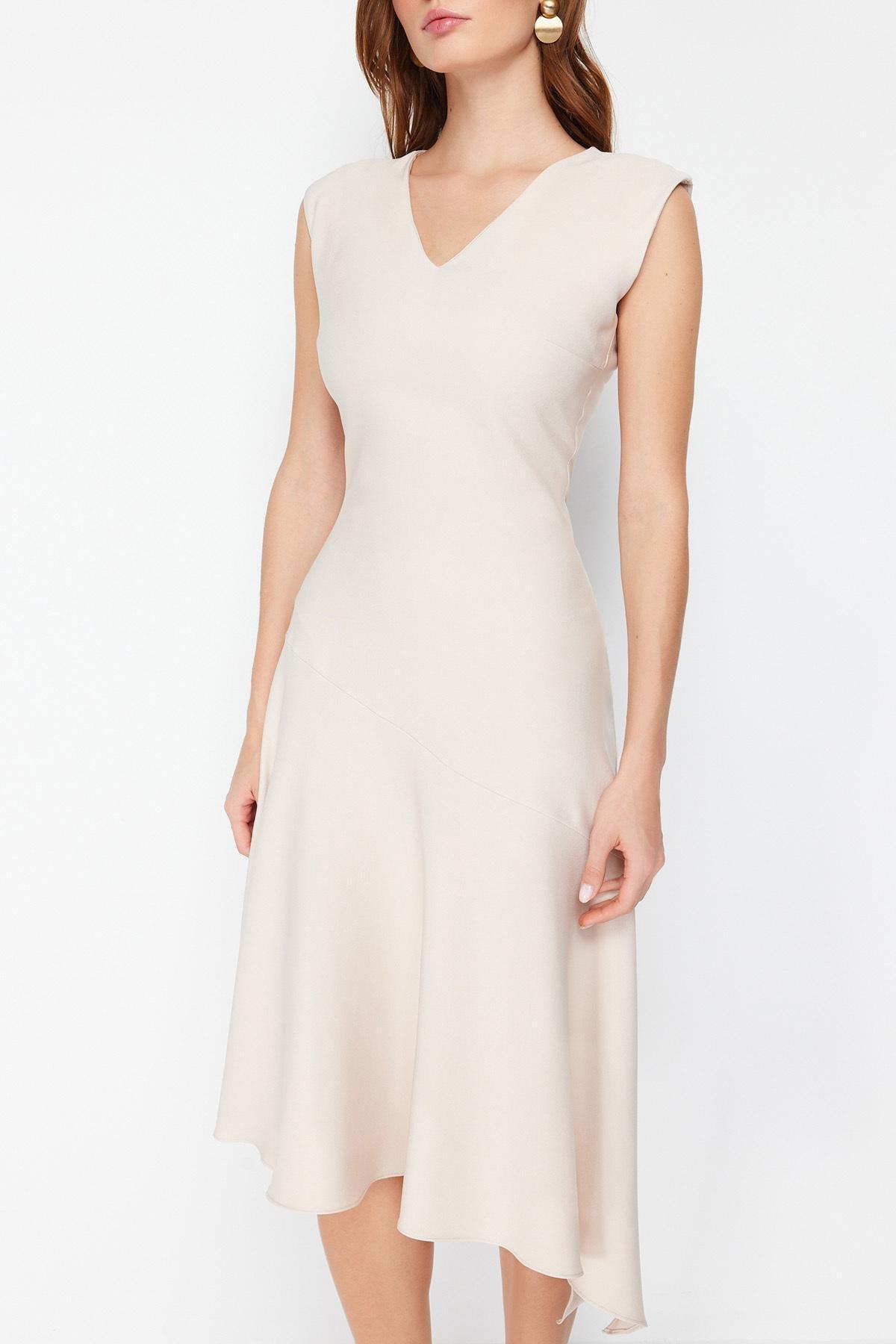 Beige Asymmetric Midi Dress, , large image number 3