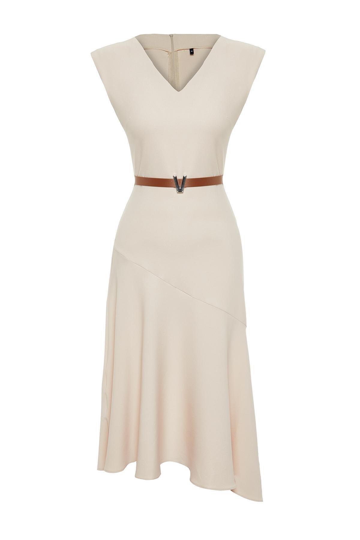 Beige Asymmetric Midi Dress, , large image number 4