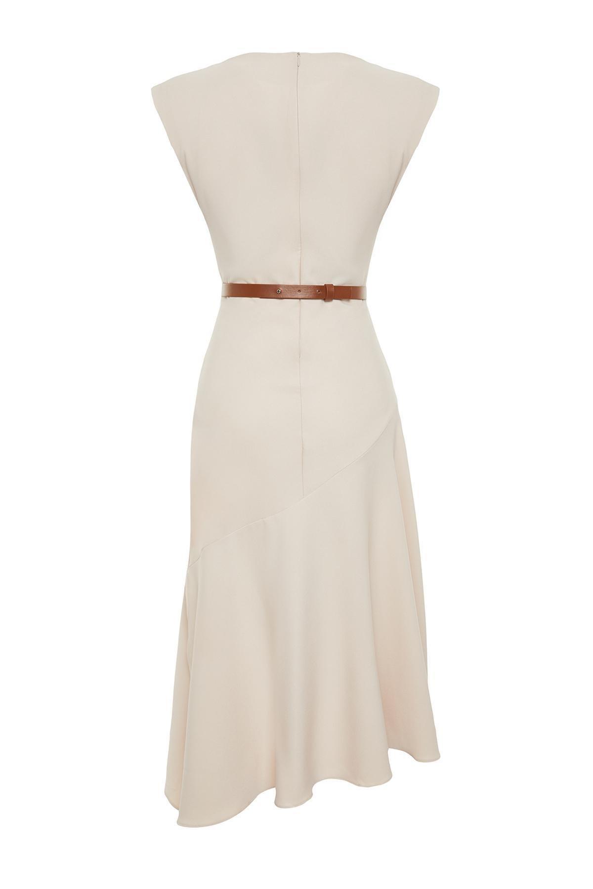 Beige Asymmetric Midi Dress, , large image number 5
