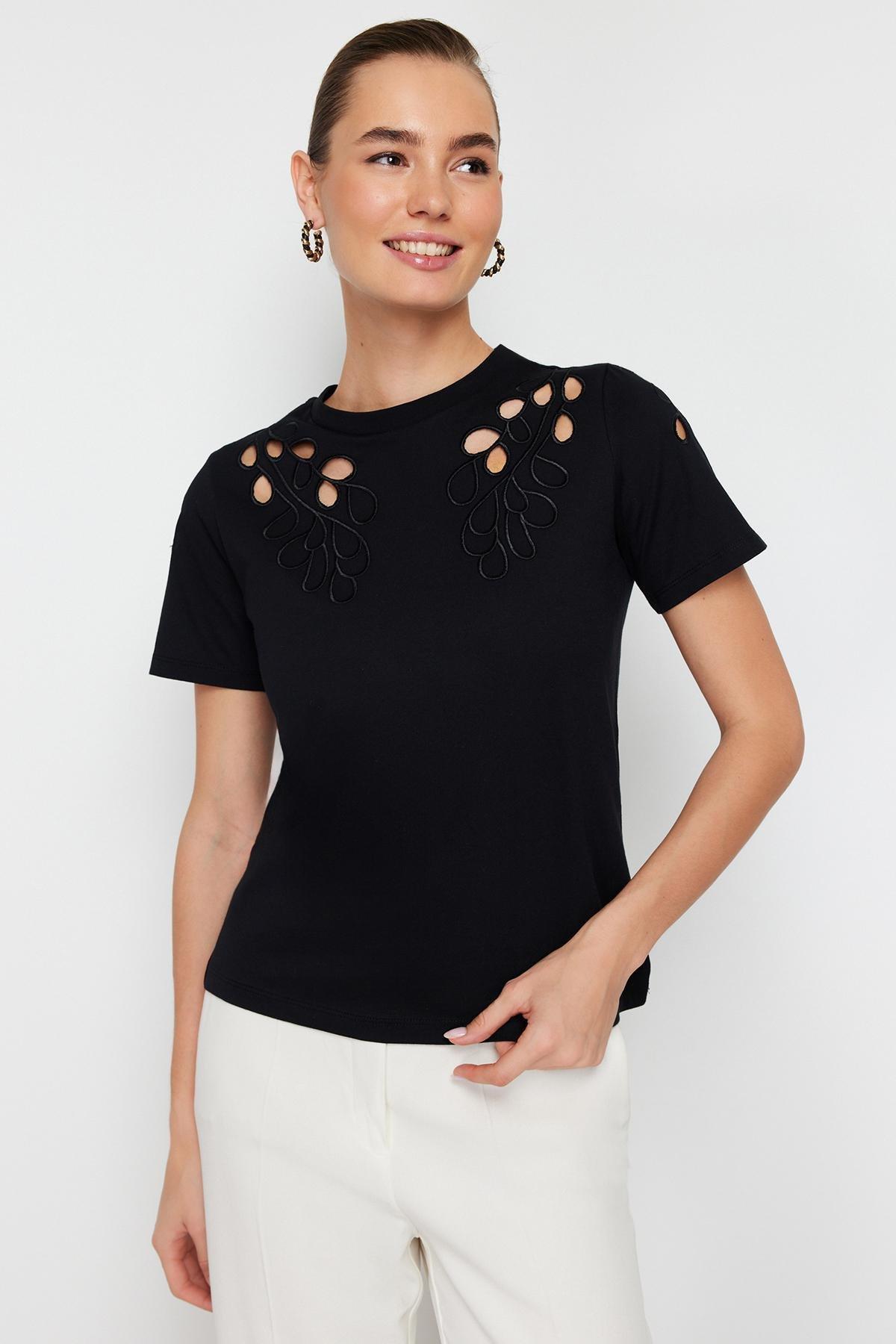 Black Embroidered Knitted T-Shirt, , large image number 0