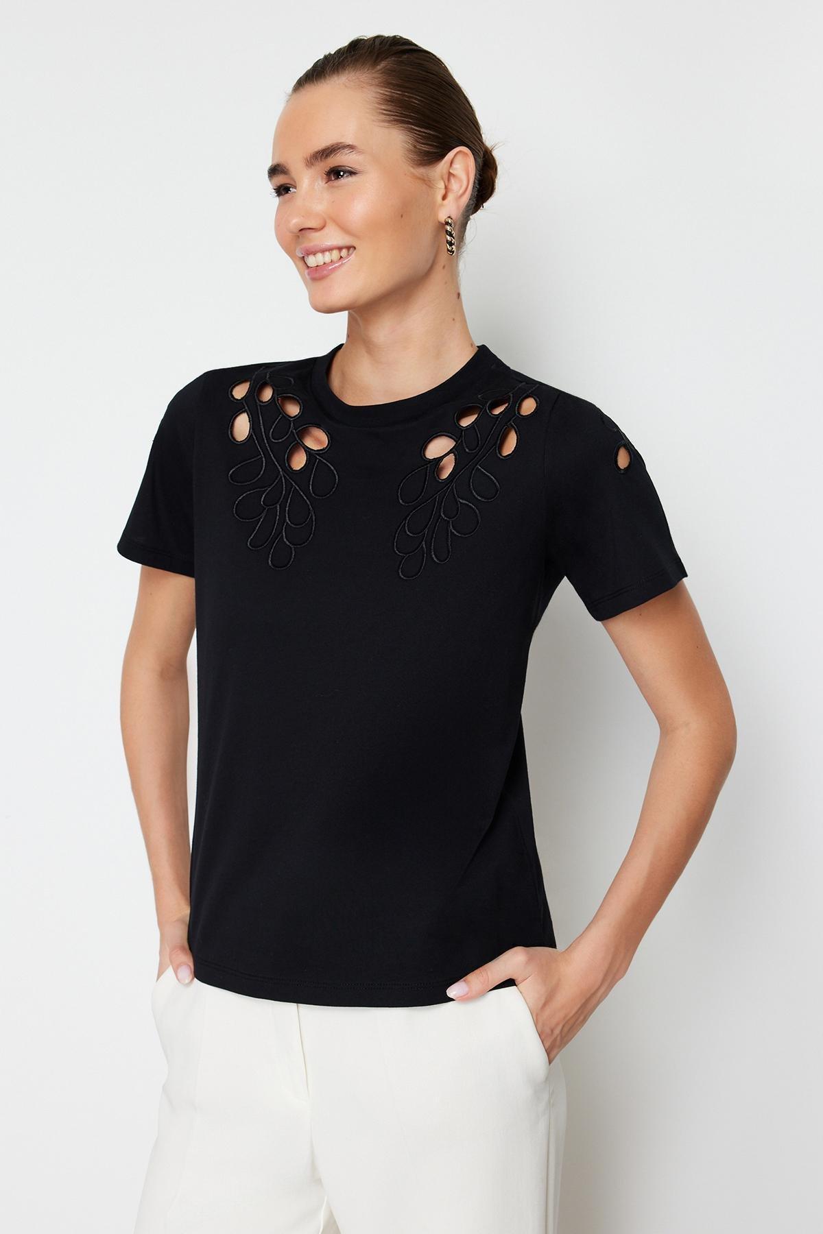 Black Embroidered Knitted T-Shirt, , large image number 1