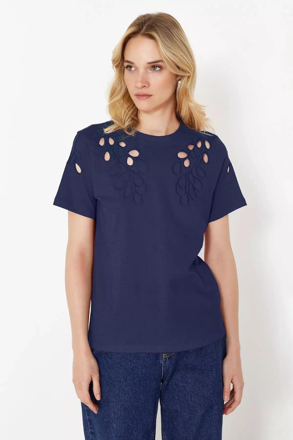 Navy Embroidered Basic Pattern T-Shirt, , large image number 0