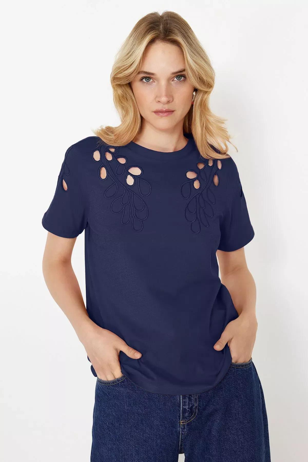Navy Embroidered Basic Pattern T-Shirt, , large image number 1