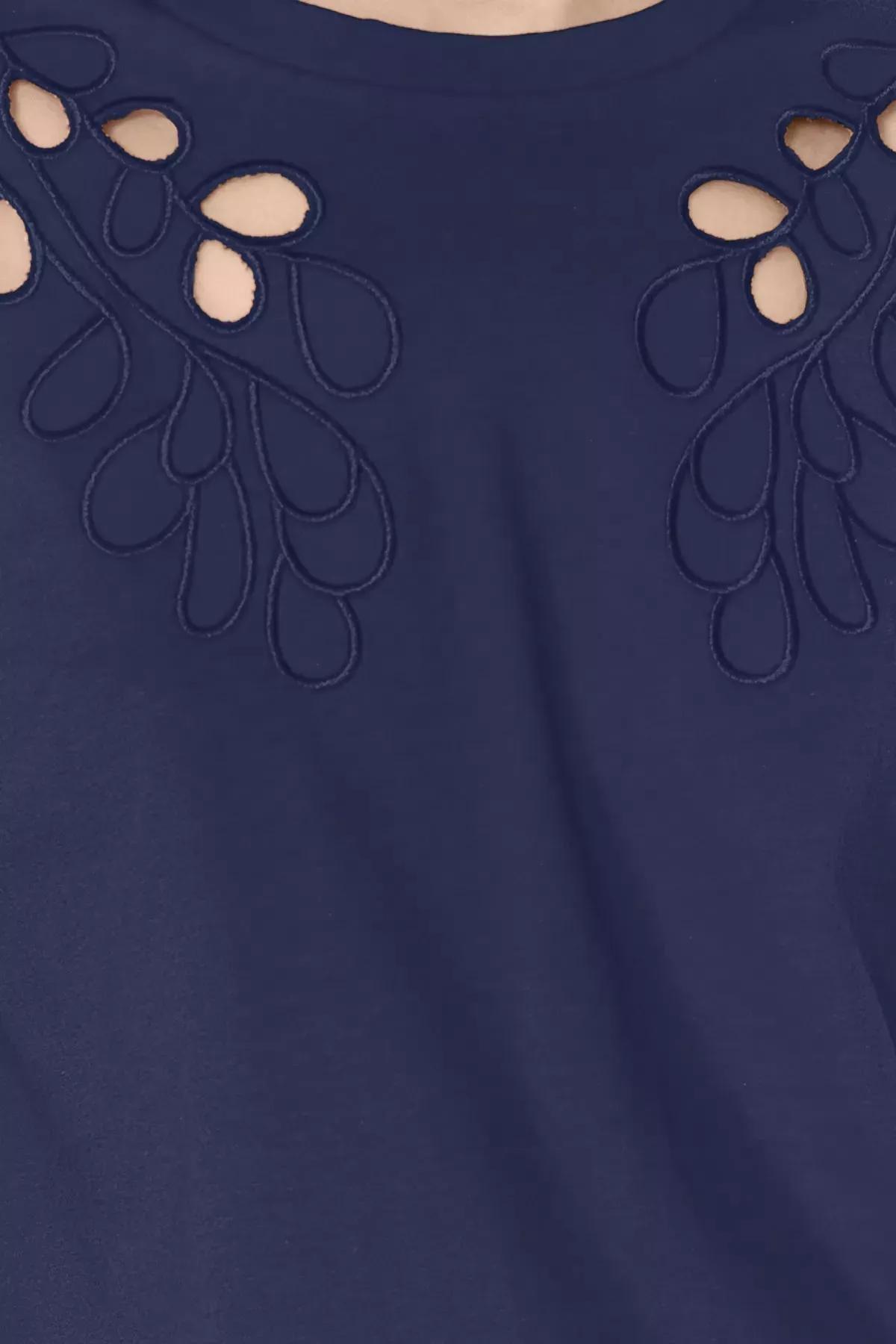 Navy Embroidered Basic Pattern T-Shirt, , large image number 2