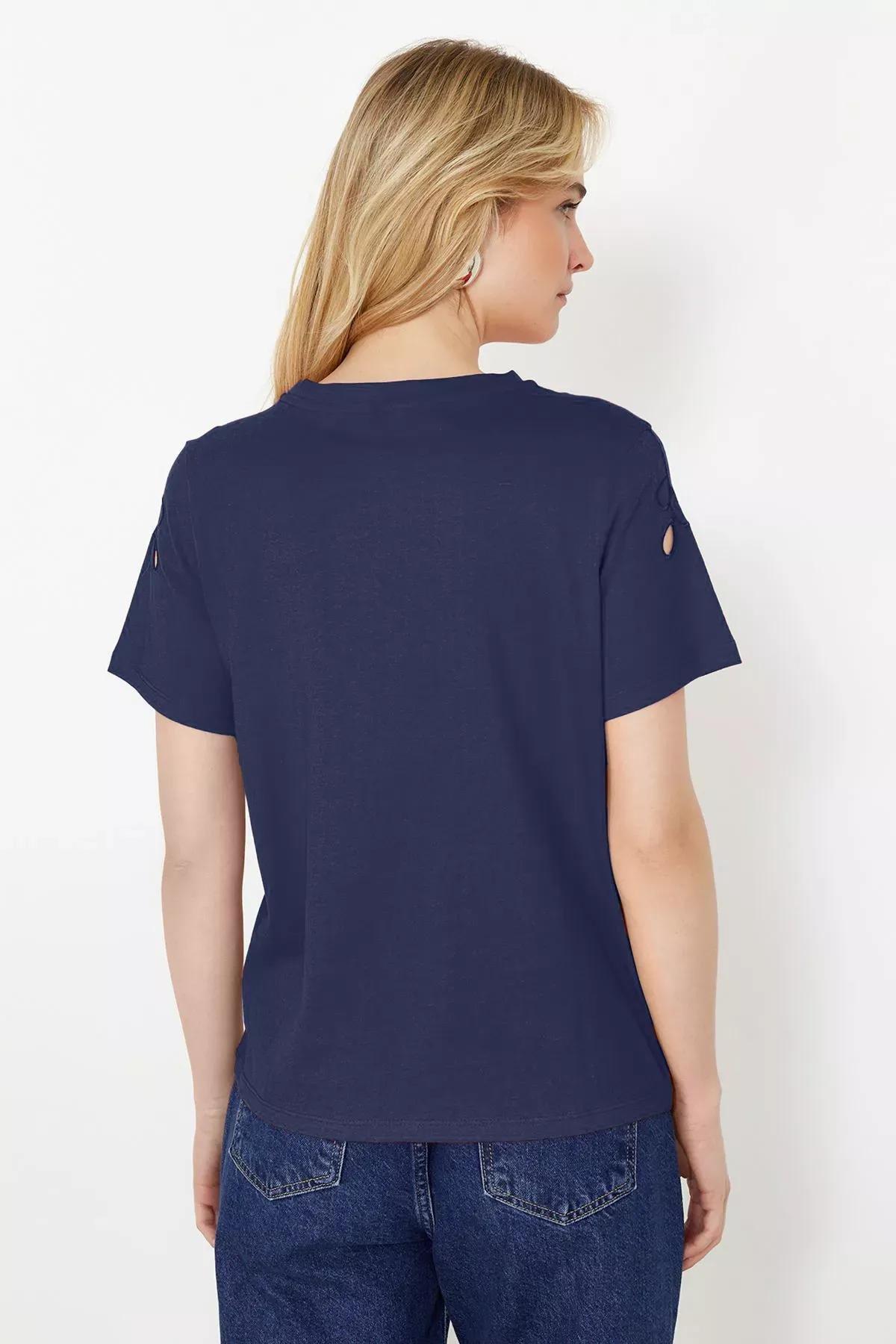 Navy Embroidered Basic Pattern T-Shirt, , large image number 4