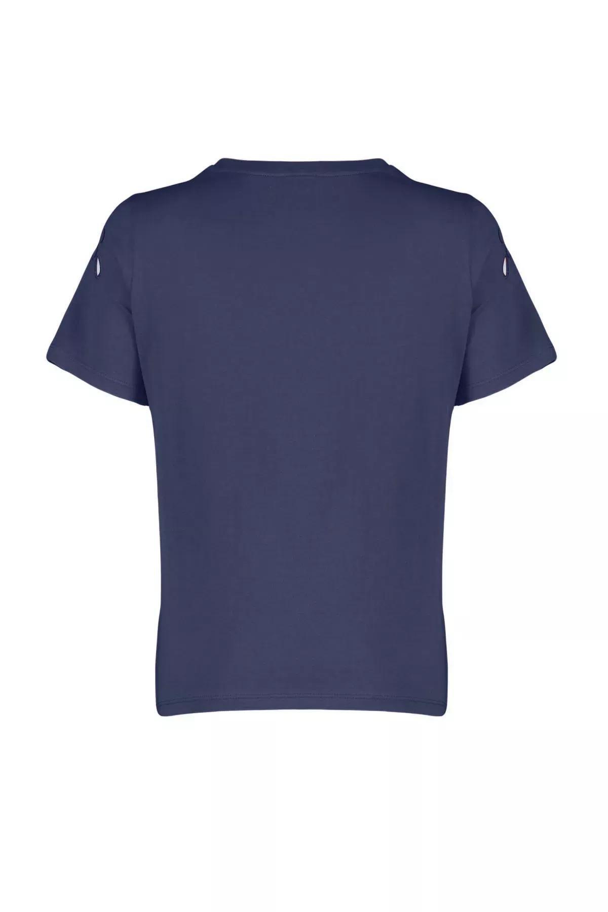 Navy Embroidered Basic Pattern T-Shirt, , large image number 5