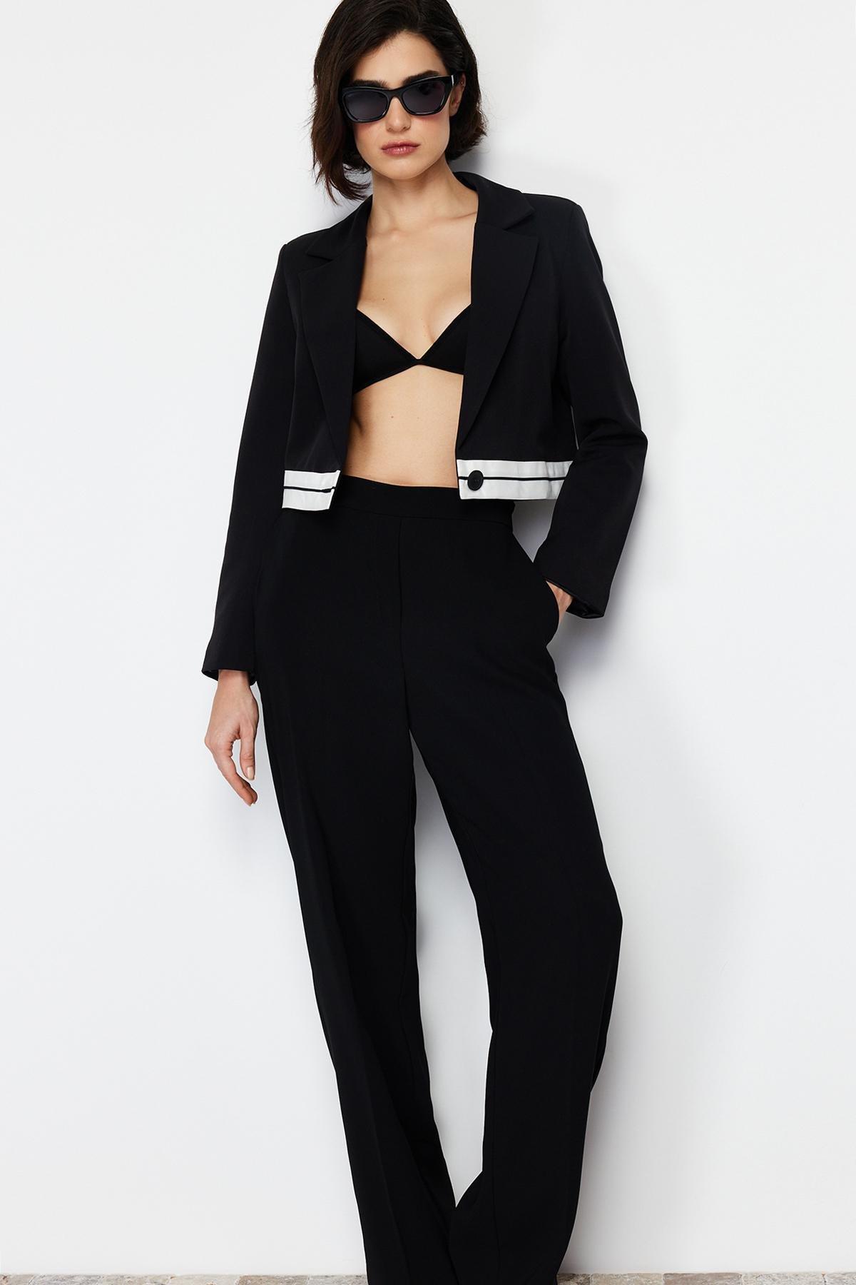 Black Basic Crop Oversize Blazer Jacket, BLACK, large image number 0