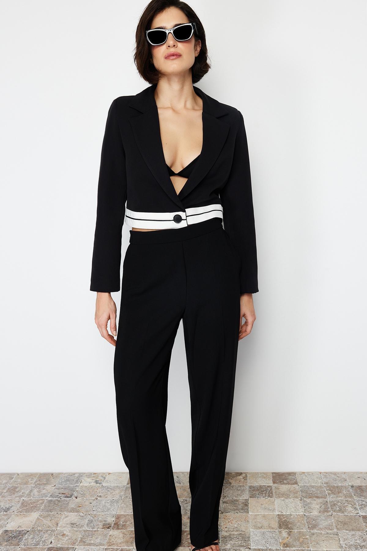 Black Basic Crop Oversize Blazer Jacket, BLACK, large image number 1