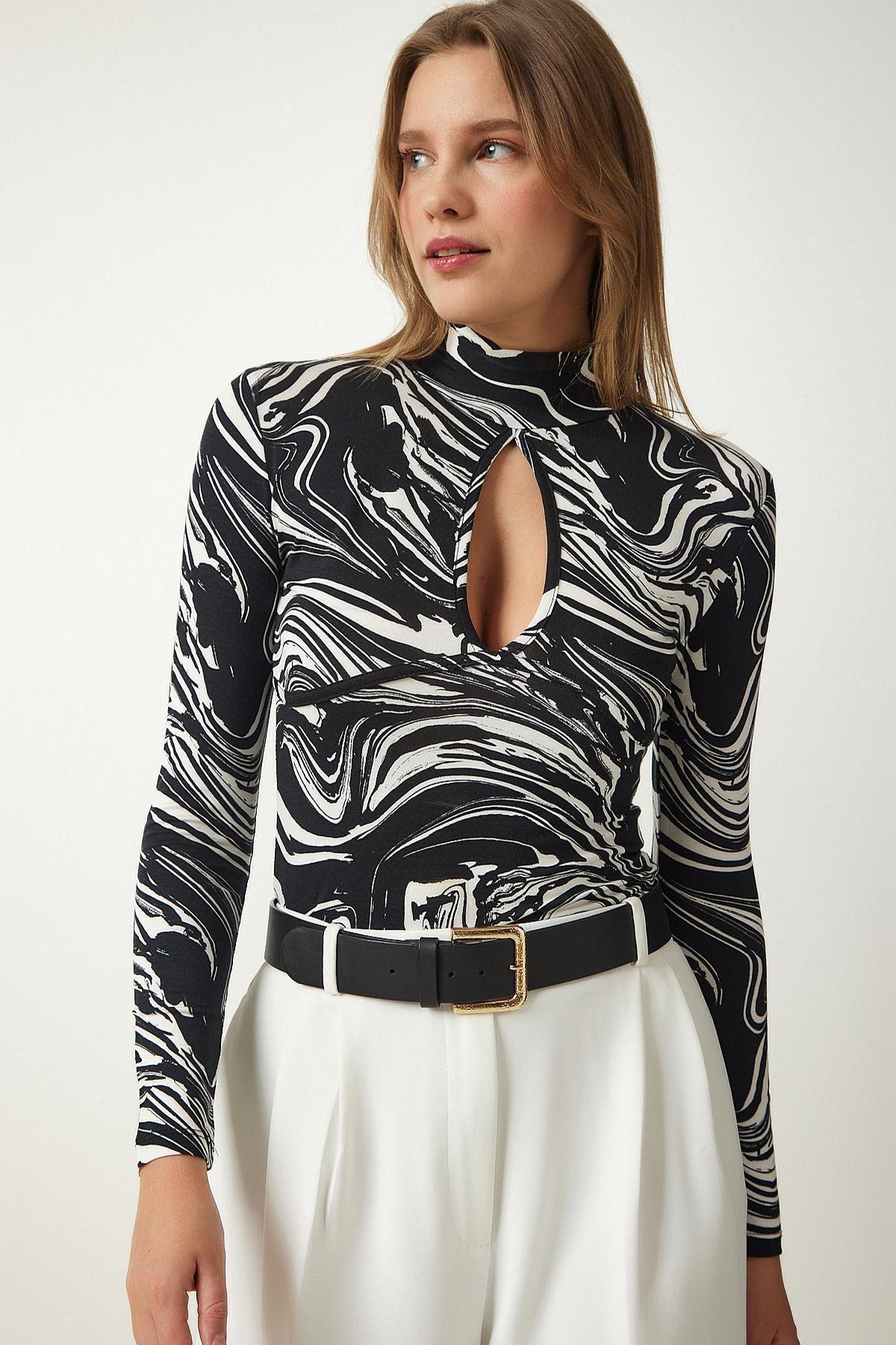 Black Detailed Patterned Knitted Blouse, , large image number 0