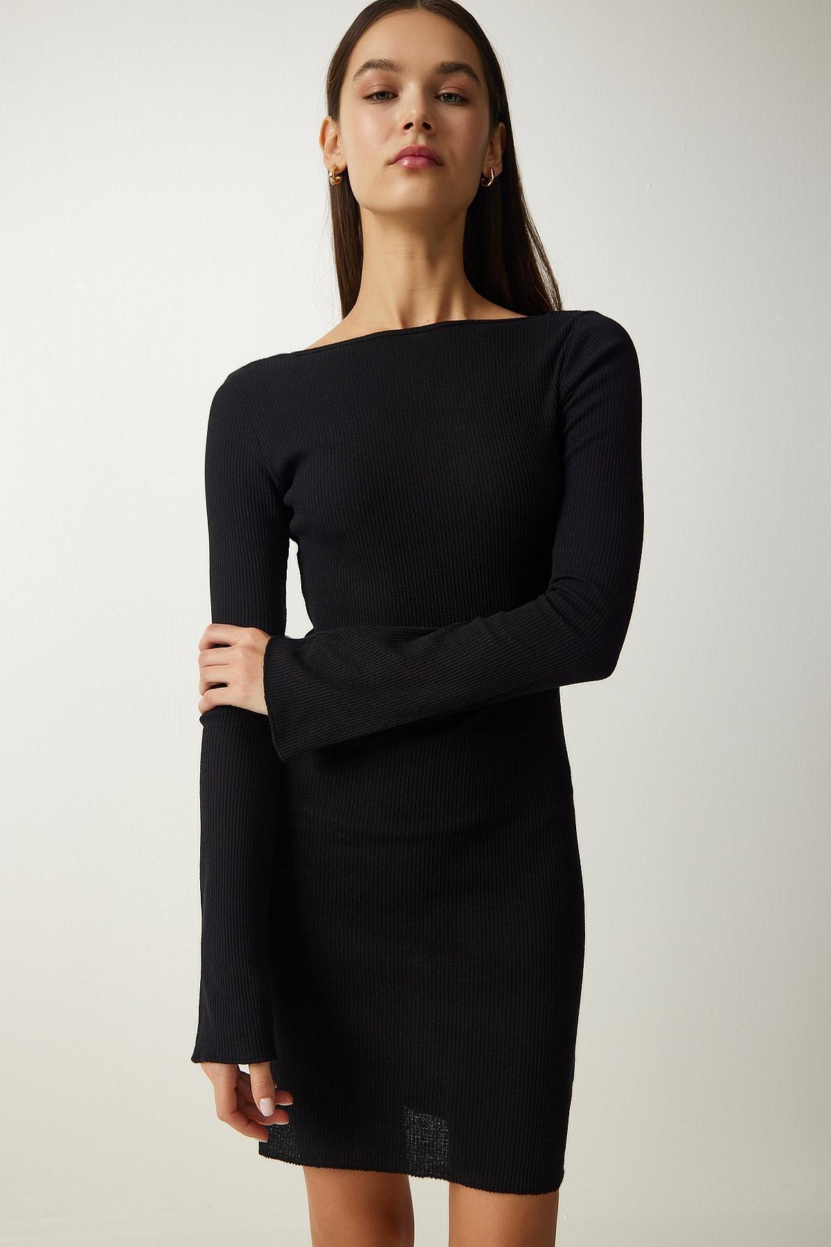 Black Boat Neck Ribbed Wrapped Dress, , large image number 0