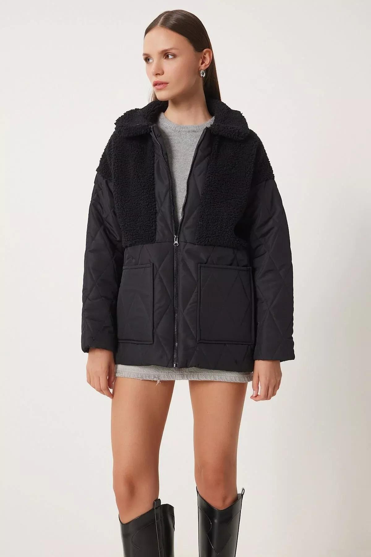 Black Plush Detailed Quilted Coat, , large image number 0
