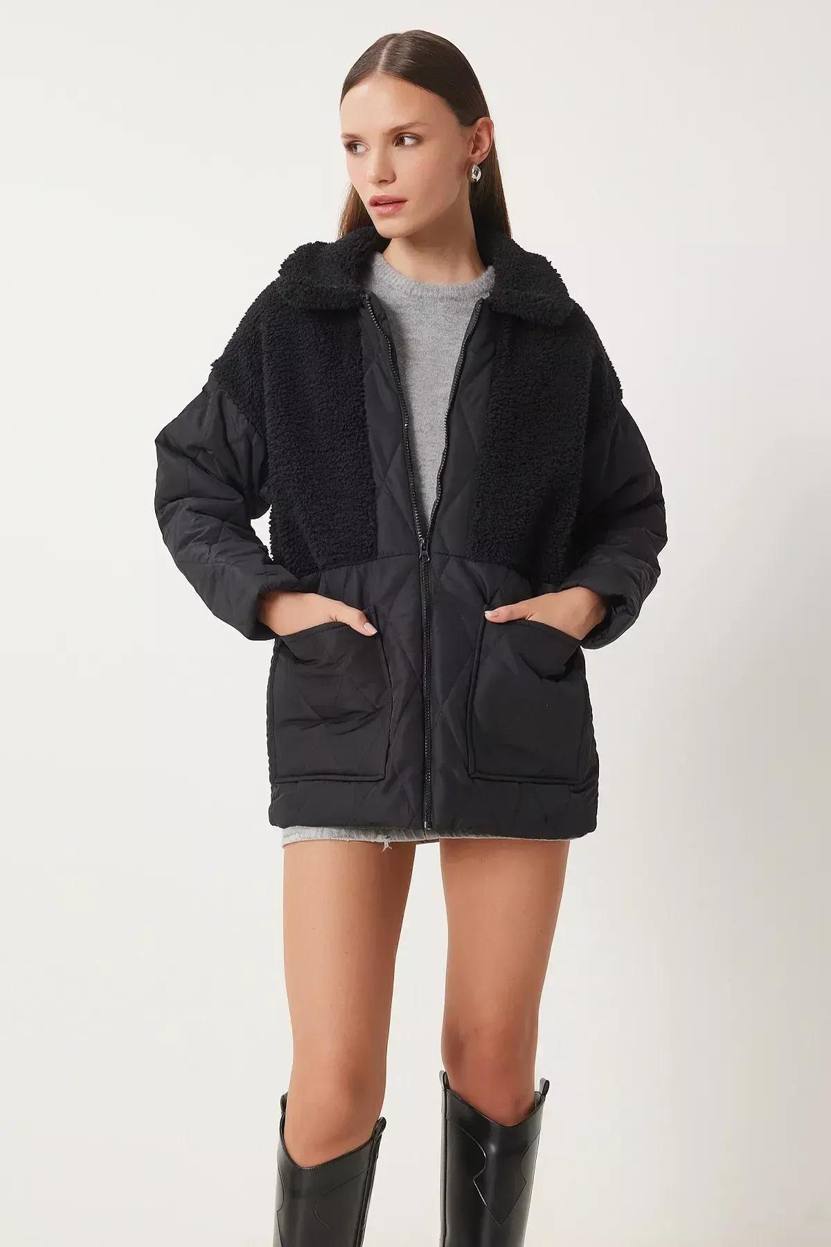 Black Plush Detailed Quilted Coat, , large image number 1