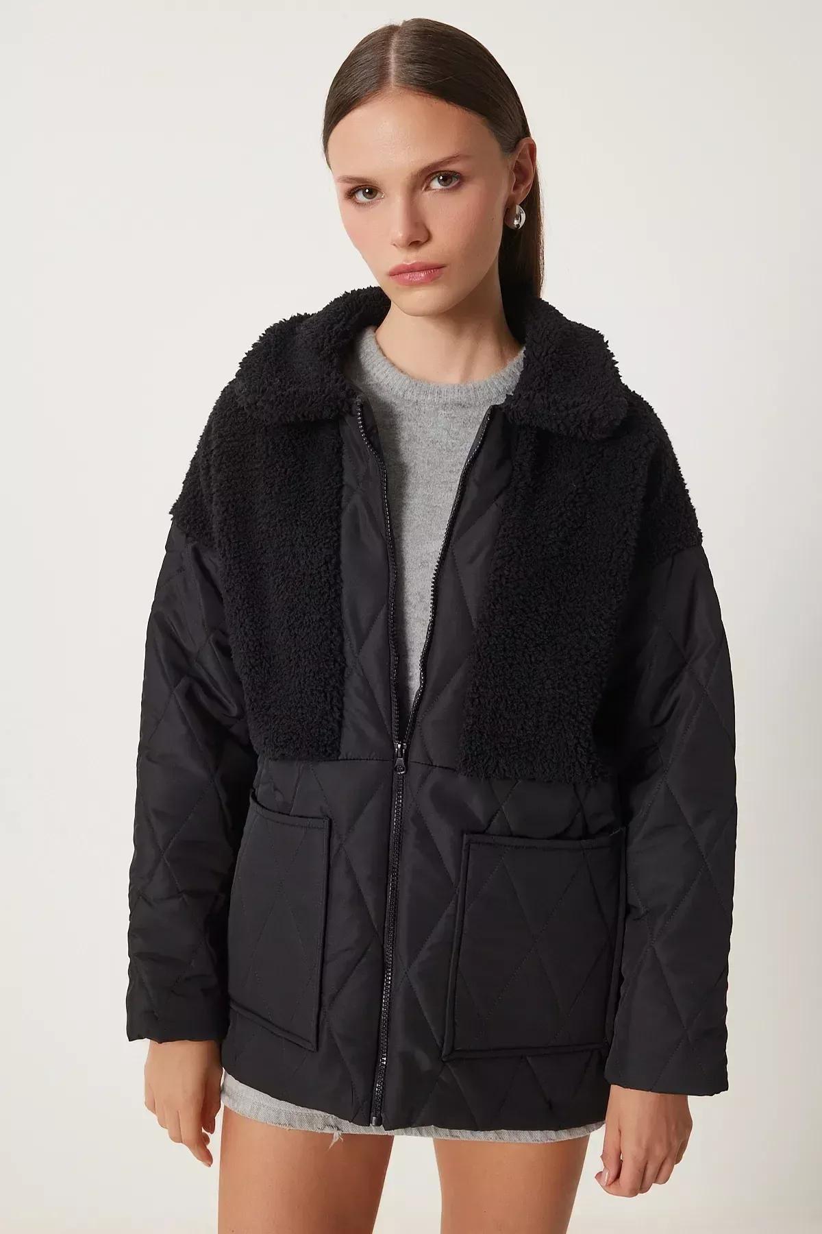 Black Plush Detailed Quilted Coat, , large image number 2
