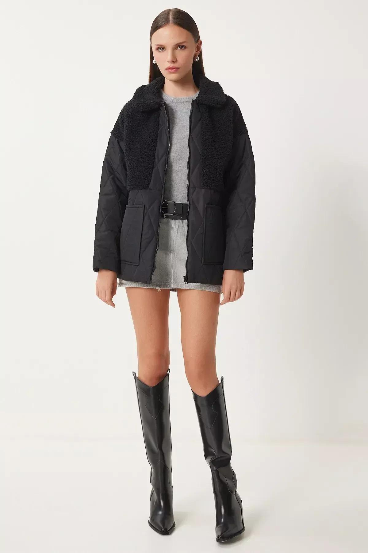Black Plush Detailed Quilted Coat, , large image number 3