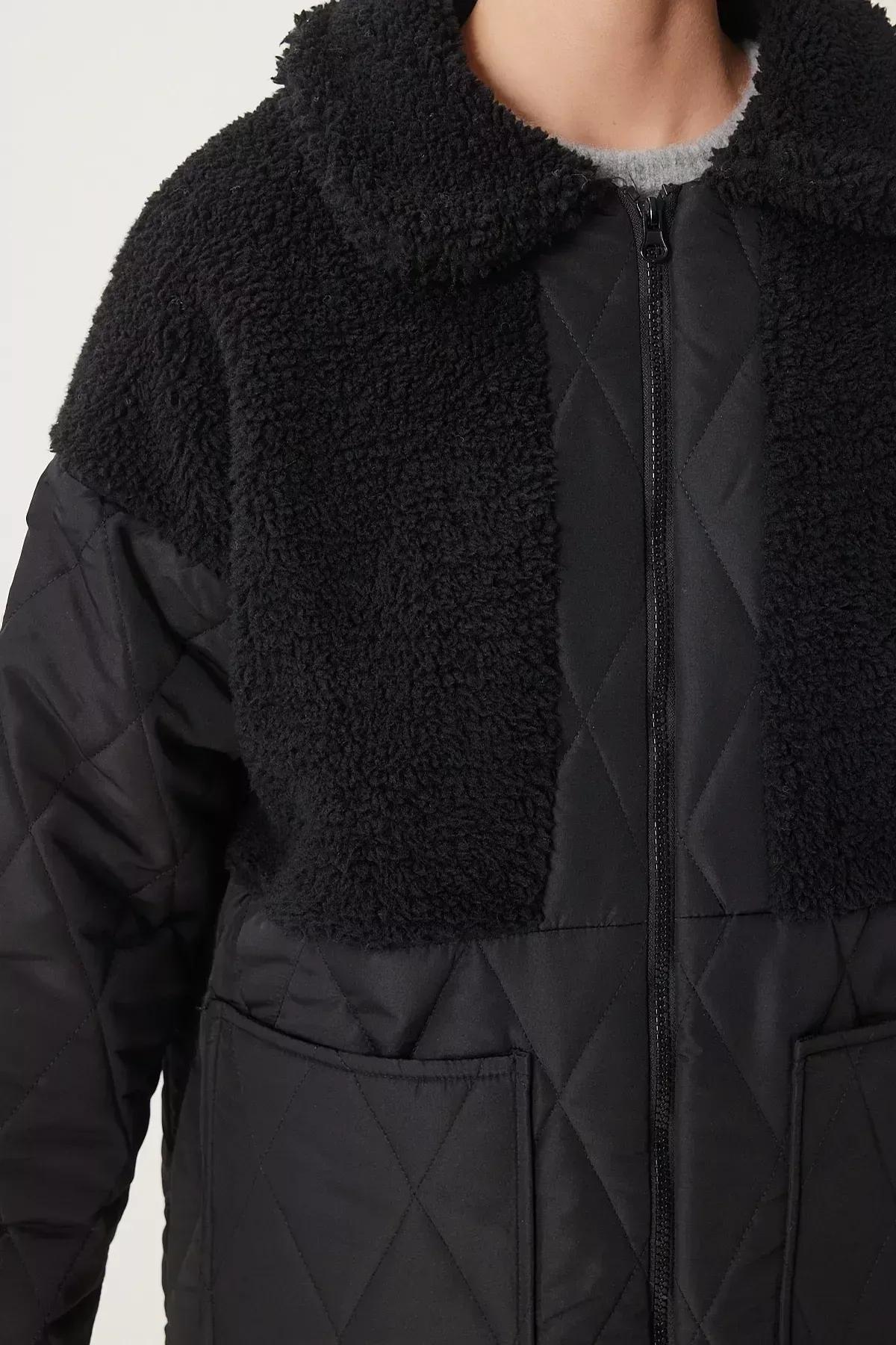 Black Plush Detailed Quilted Coat, , large image number 4