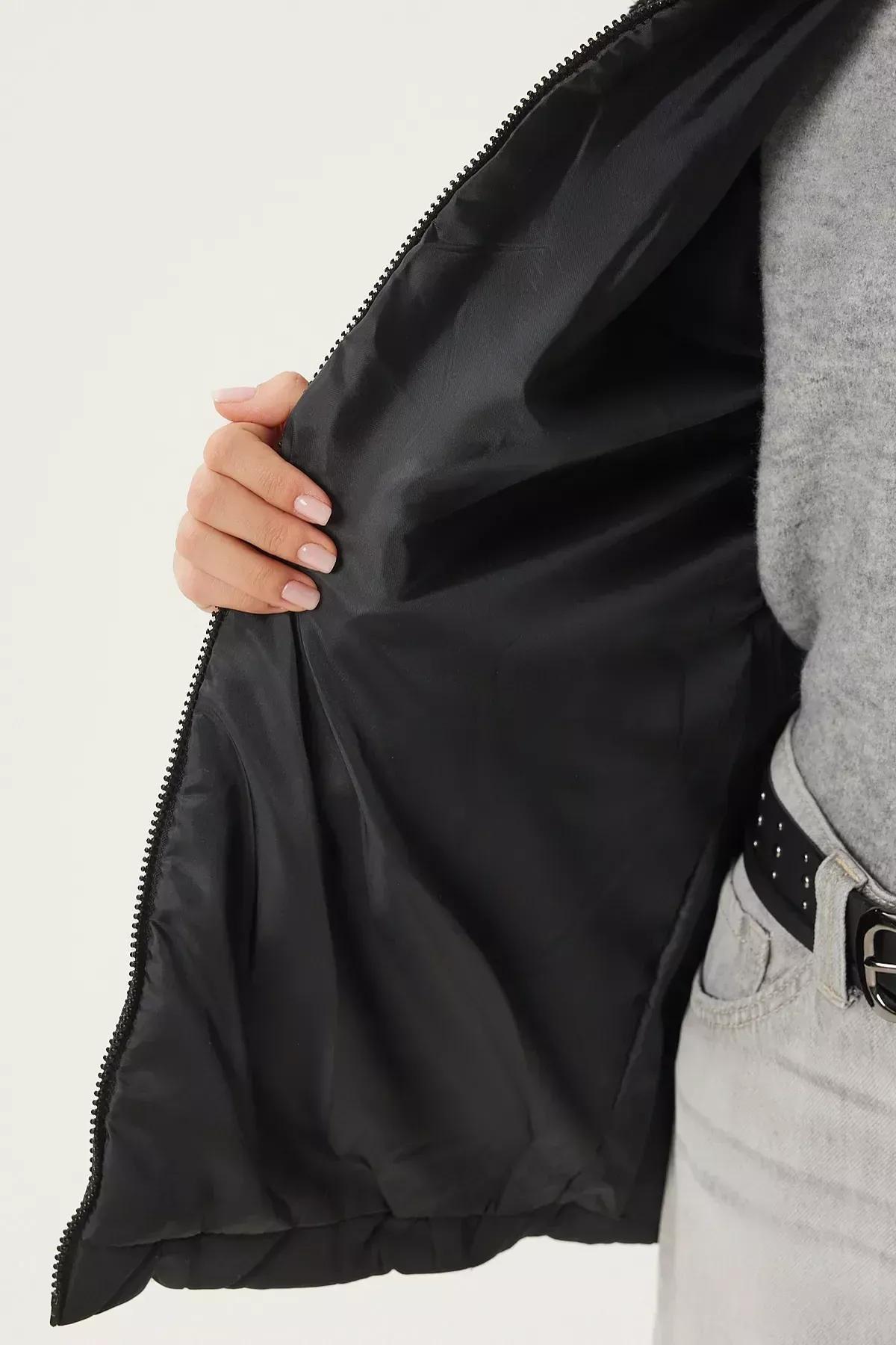 Black Plush Detailed Quilted Coat, , large image number 5