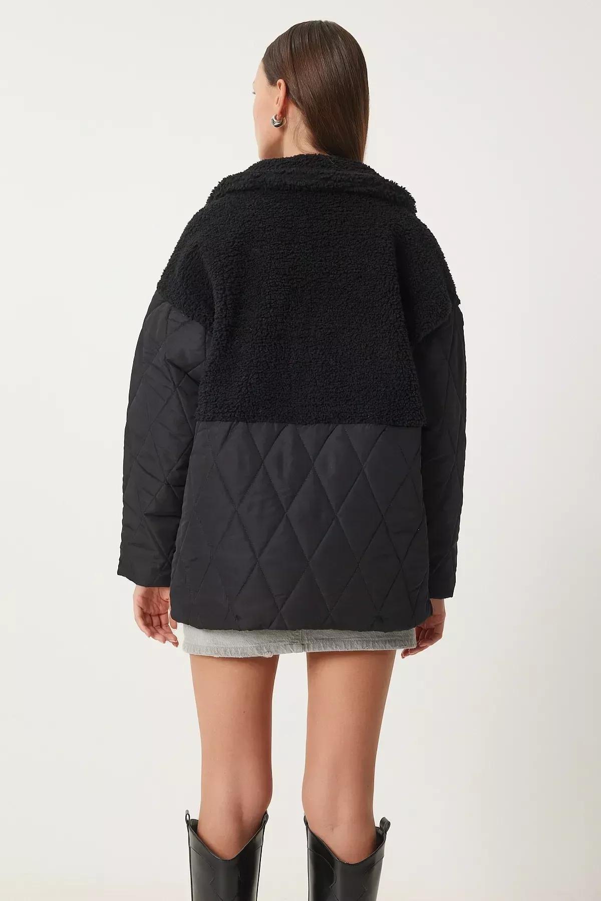 Black Plush Detailed Quilted Coat, , large image number 6