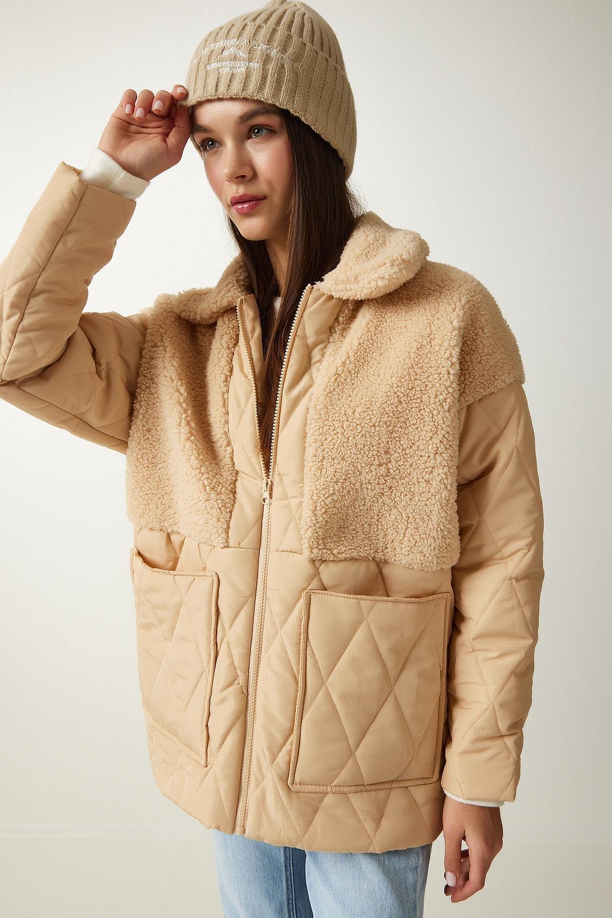 Latte Plush Detailed Quilted Coat DD0, , large image number 0