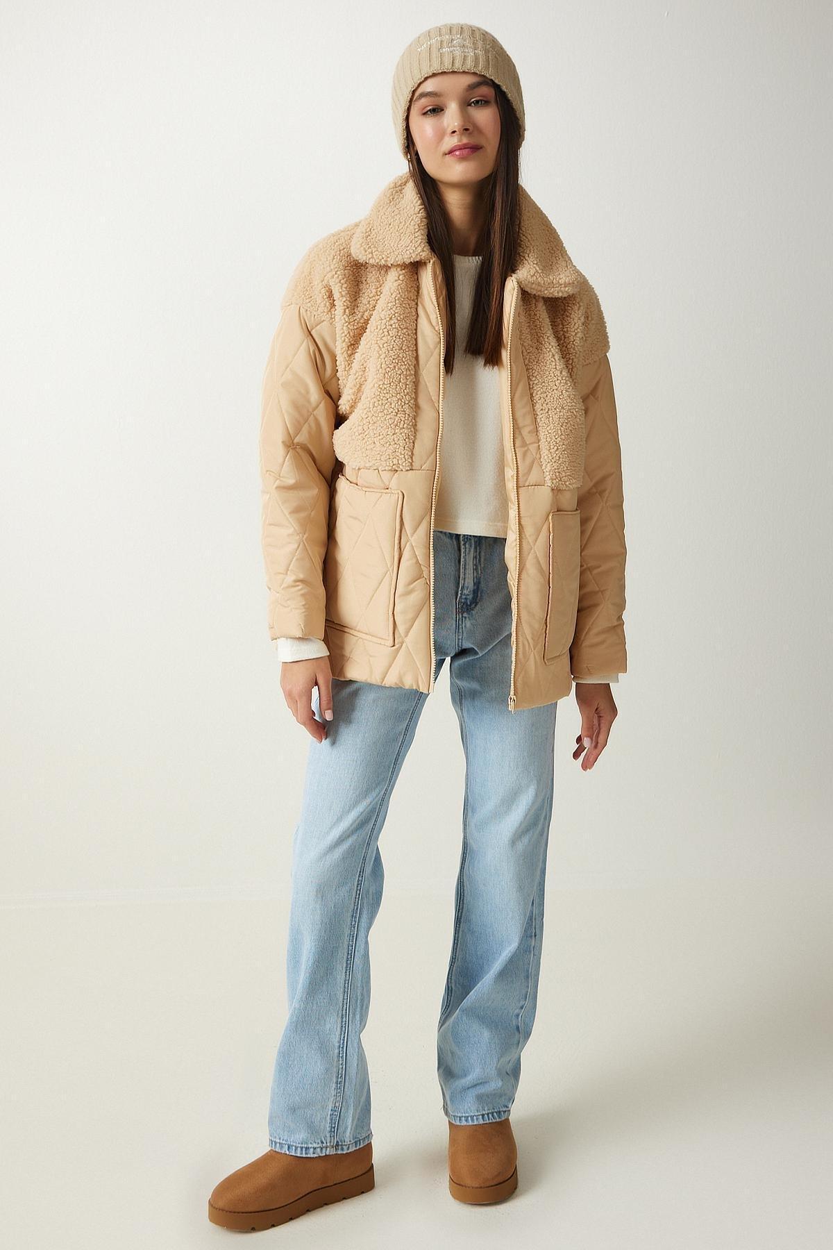 Latte Plush Detailed Quilted Coat DD0, , large image number 4