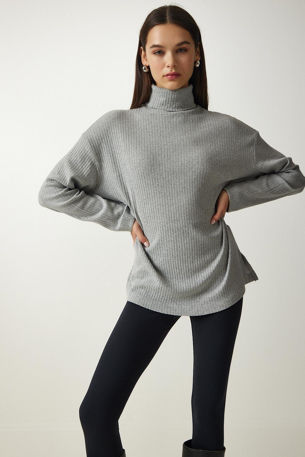 Happiness Istanbul - Womens Gray Turtleneck Ribbed Oversize Knitted Blouse UB00213, Einzeln