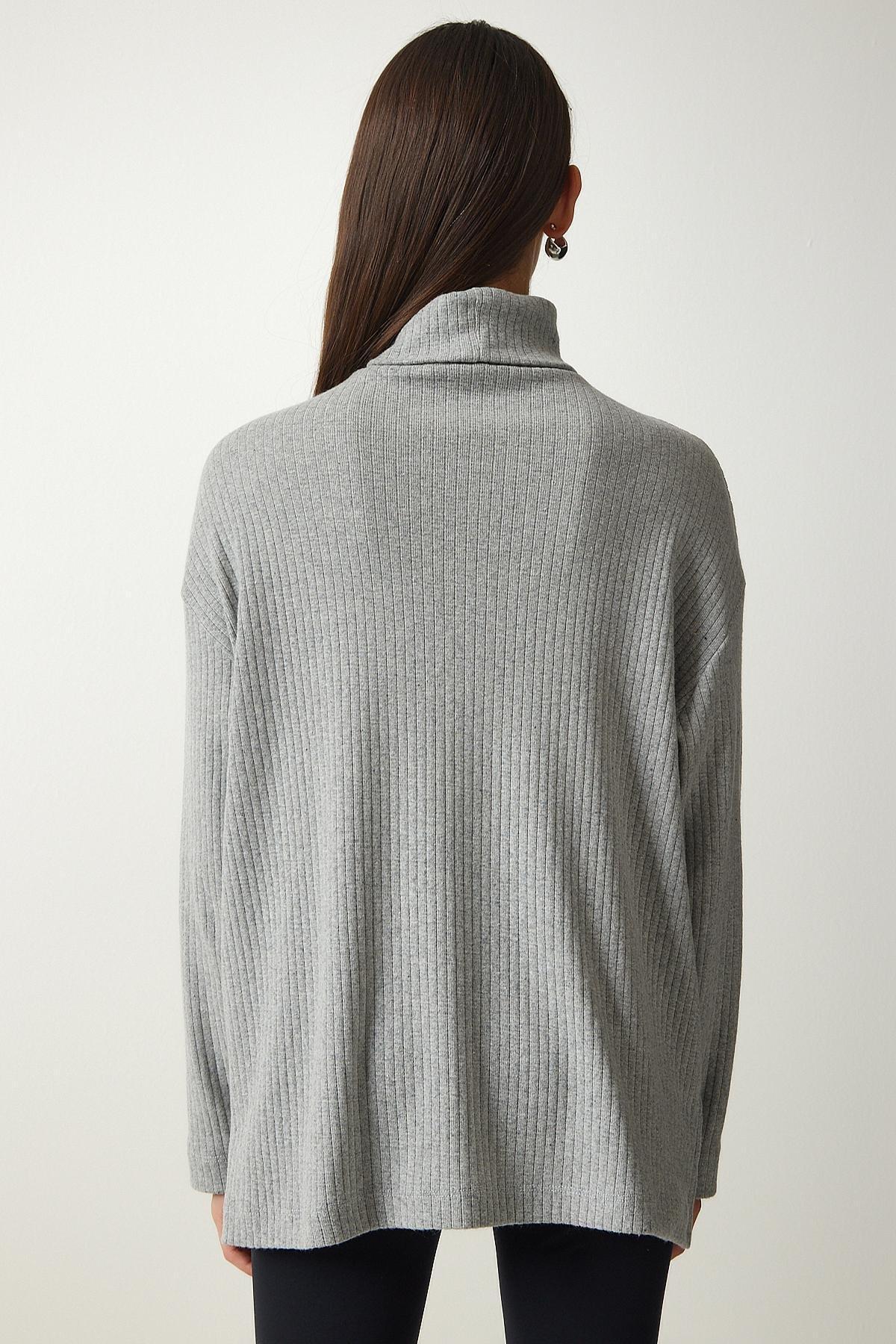 Happiness Istanbul - Womens Gray Turtleneck Ribbed Oversize Knitted Blouse UB00213, Einzeln