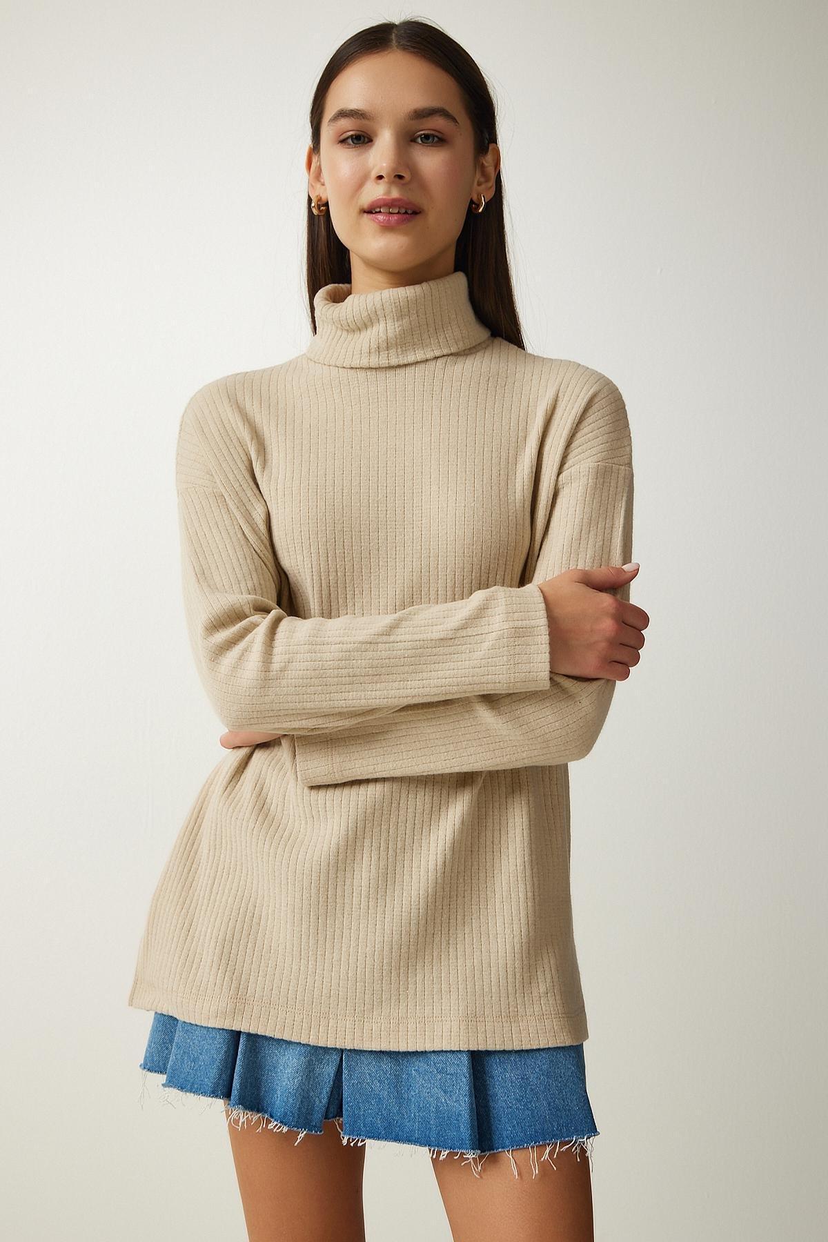 Beige Turtleneck Ribbed Oversized Knitted Blouse, Beige, medium