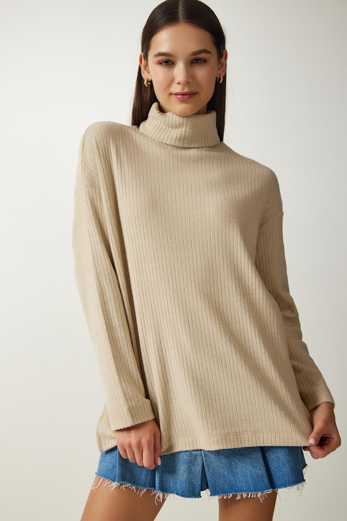 Beige Turtleneck Ribbed Oversized Knitted Blouse, Beige, medium