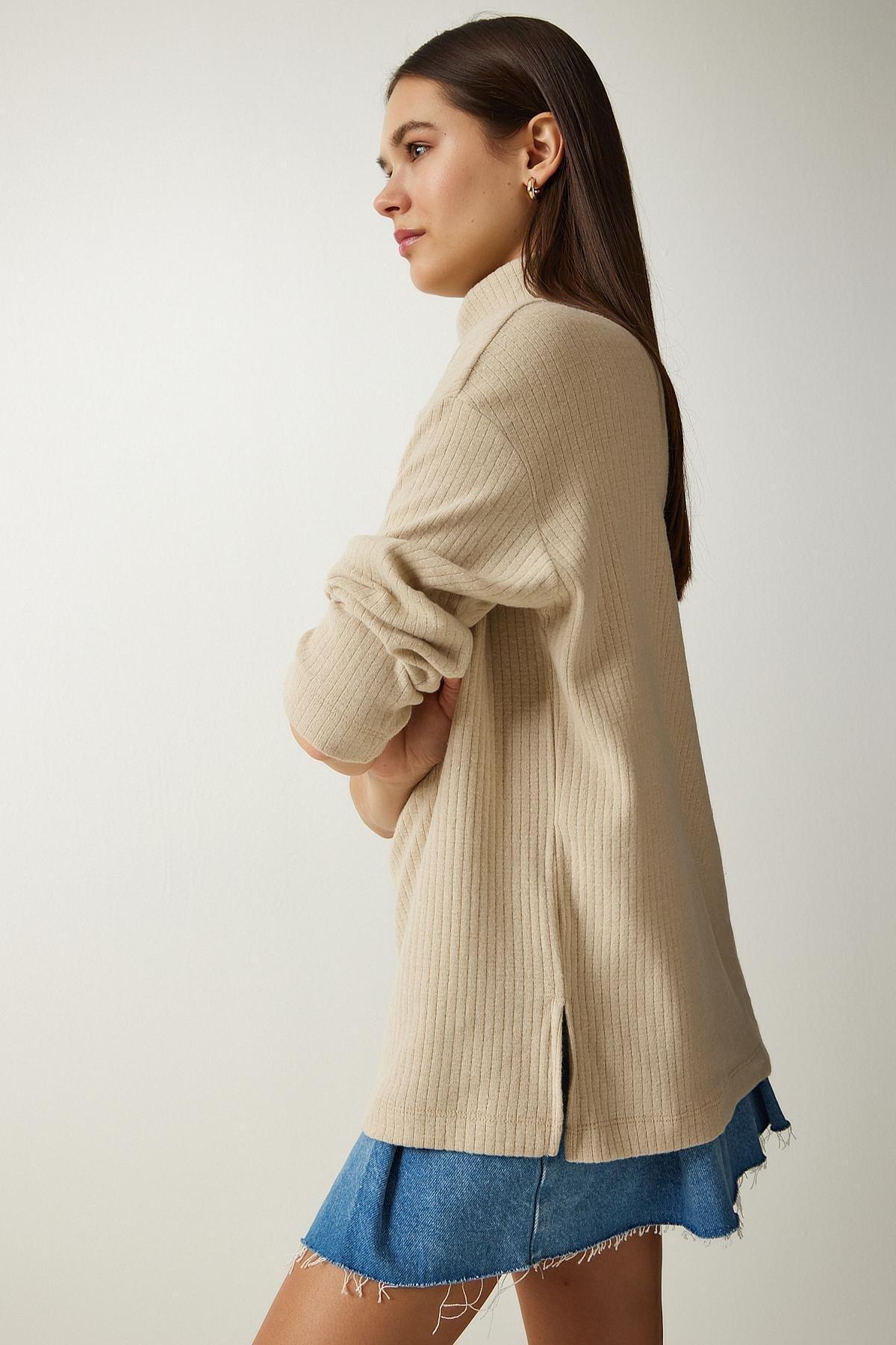 Beige Turtleneck Ribbed Oversized Knitted Blouse, Beige, medium