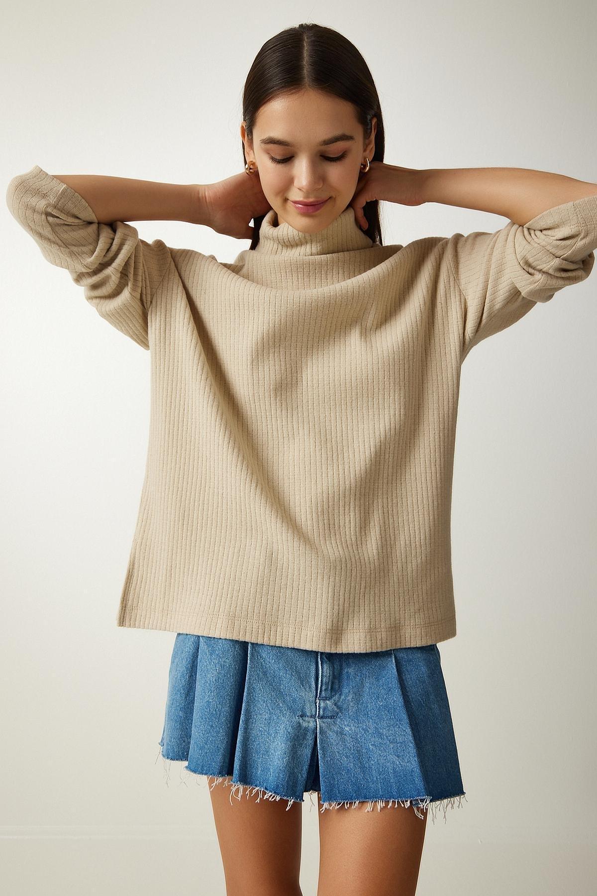 Beige Turtleneck Ribbed Oversized Knitted Blouse, , large image number 3