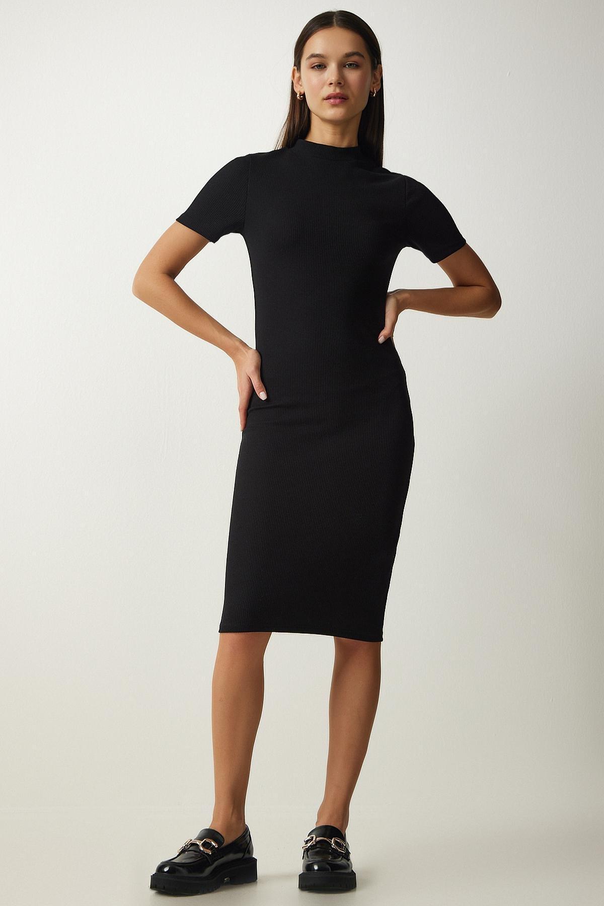 Black Crew Neck Dress, BLACK, medium