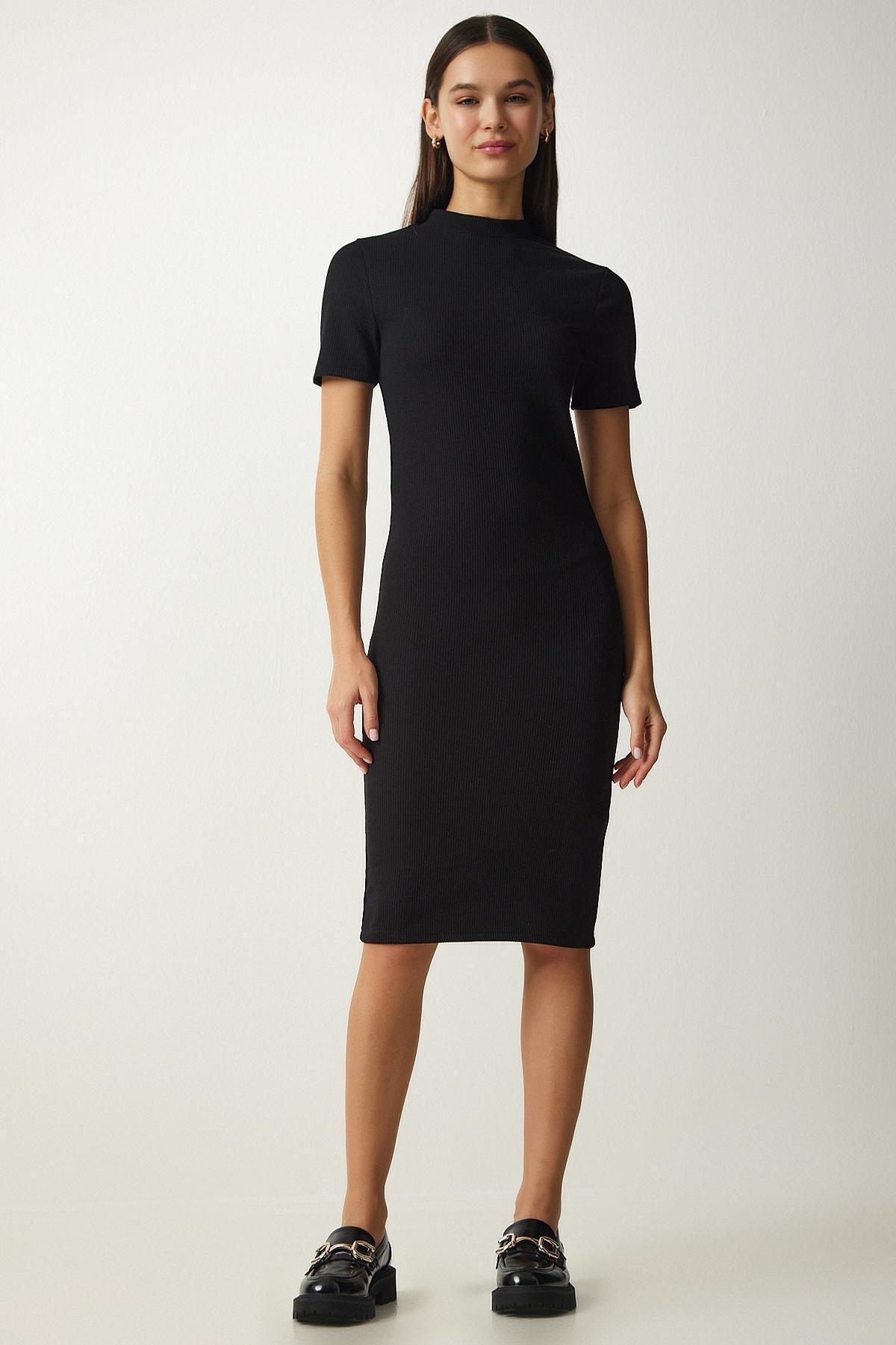 Black Crew Neck Dress, BLACK, medium