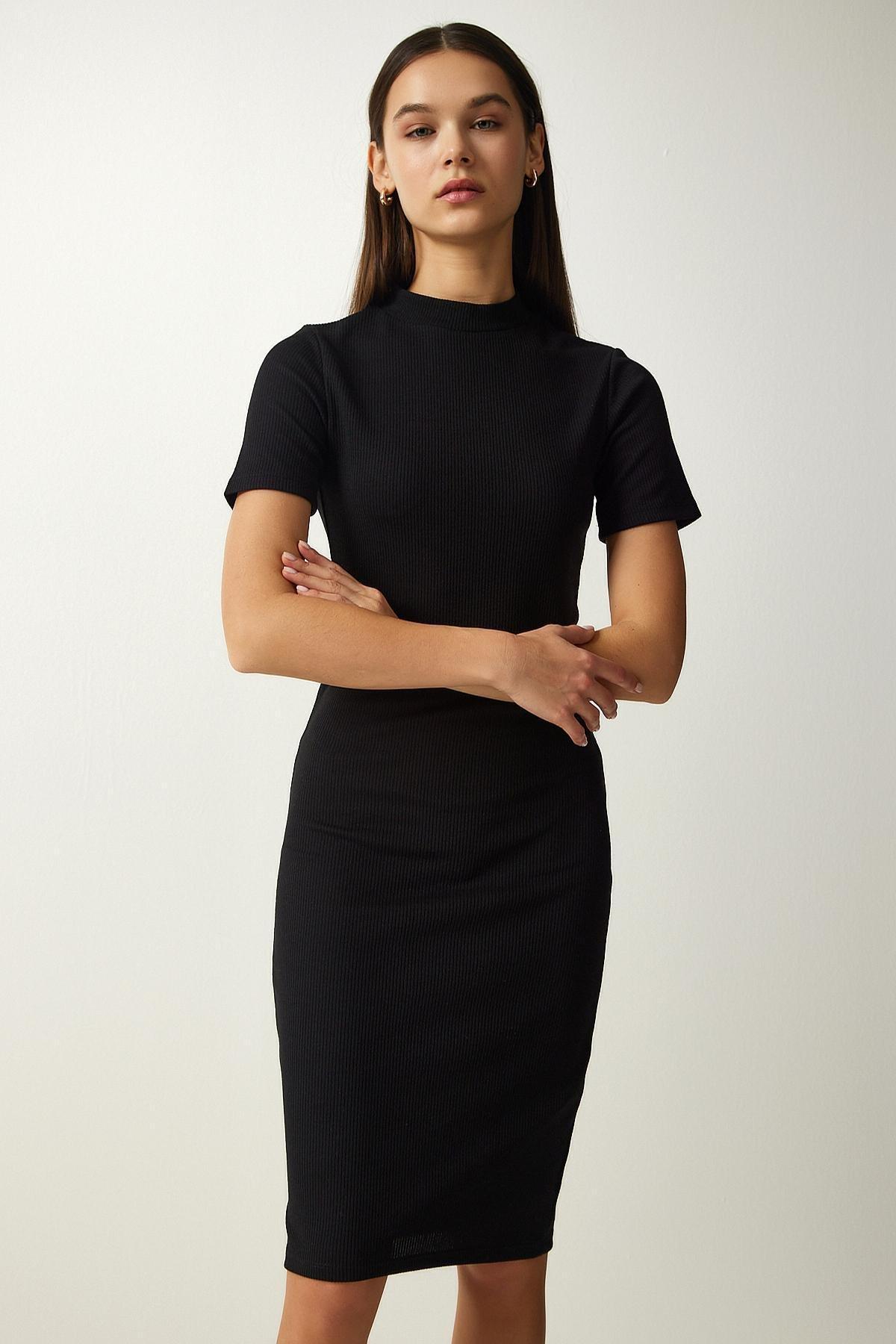Black Crew Neck Dress, BLACK, medium