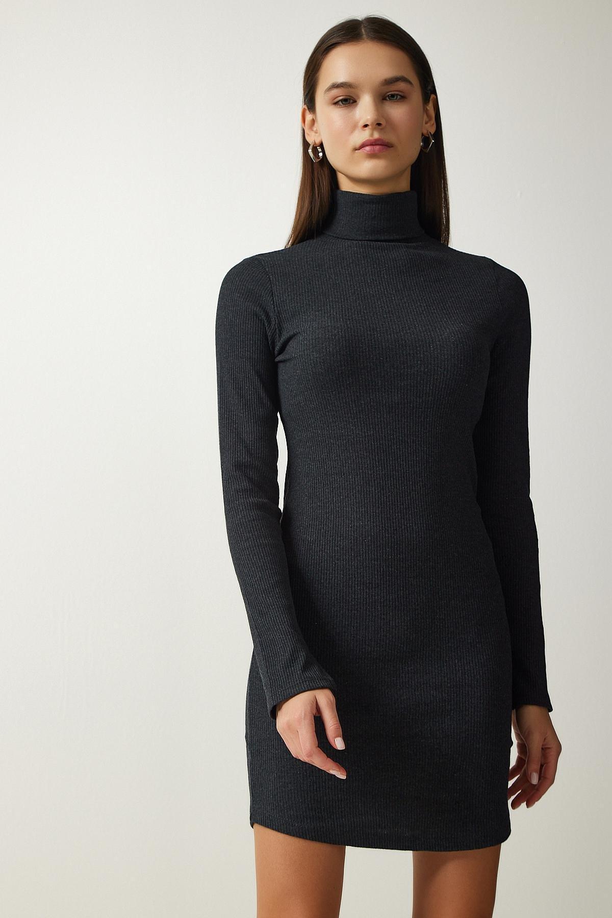 Grey Turtleneck Ribbed Knitted Dress, , large image number 1