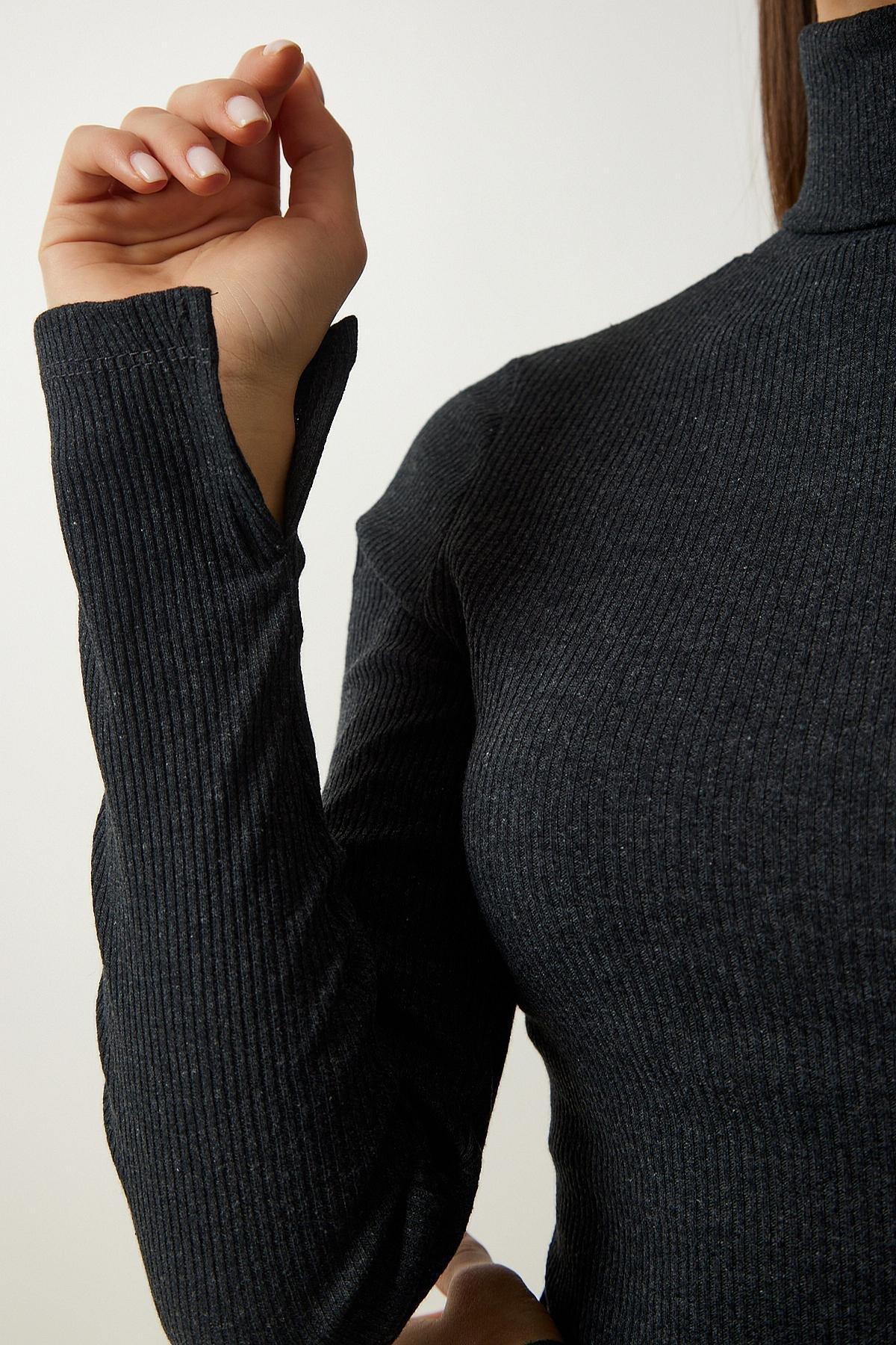 Grey Turtleneck Ribbed Knitted Dress, , large image number 2